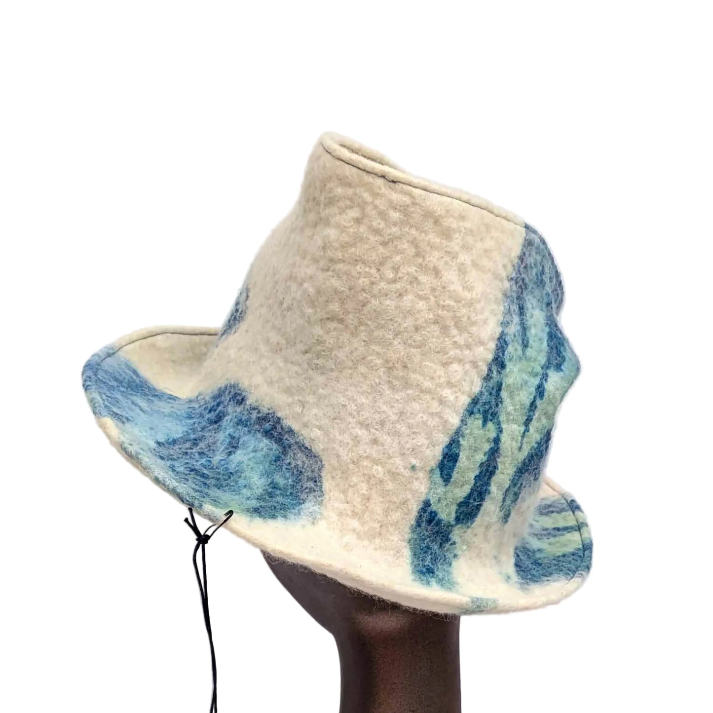 "Crushed' tip, Fedora hat with blue and green pattern on a mannequin head against a white background -backview