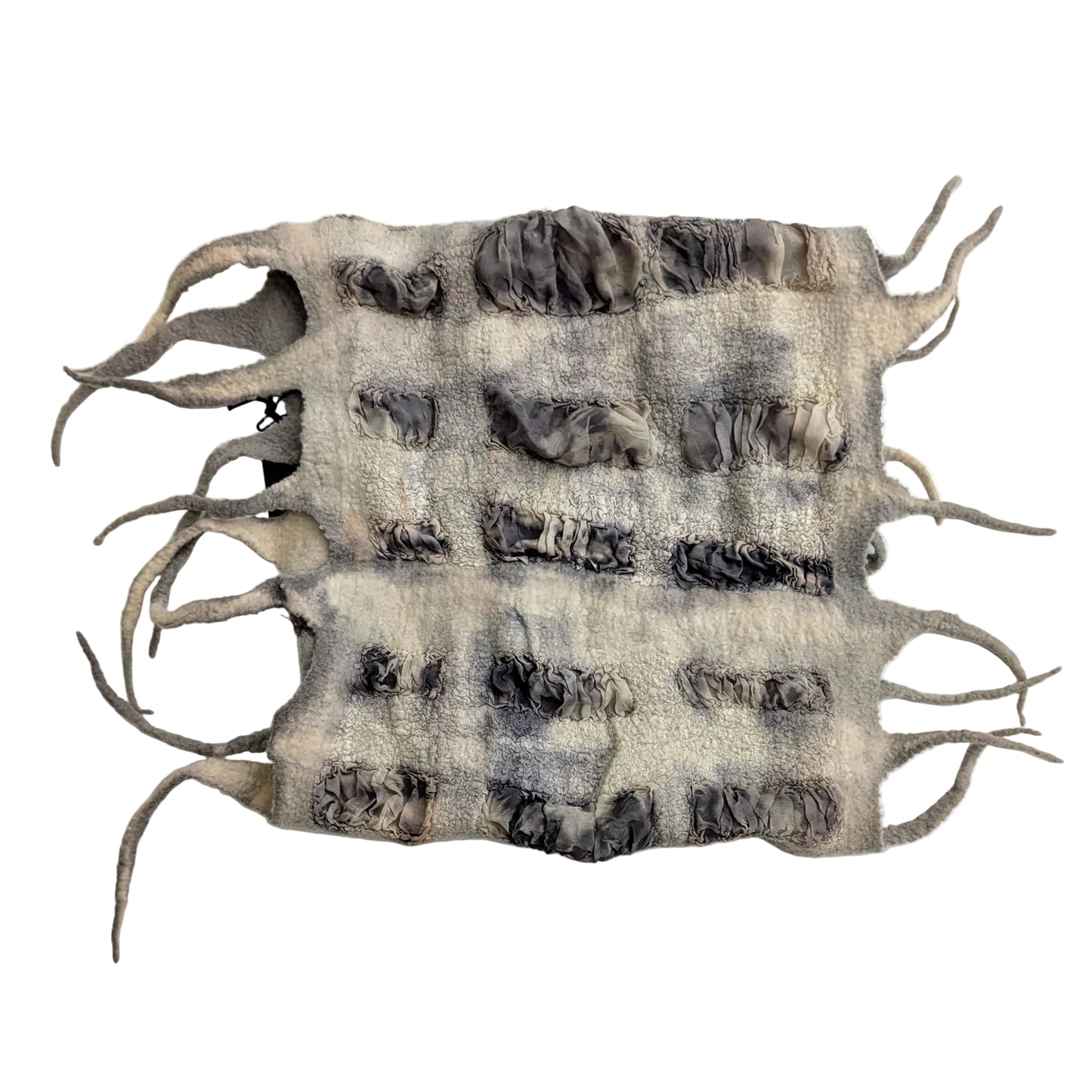 Felted wool cowl with tassels - cream coloured with darker bown silk sections.