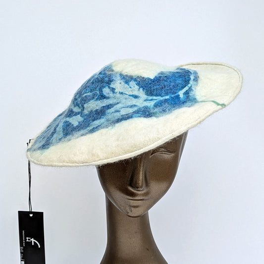 Jaunty Saucer Shape Beret Cream and Blue-'Bull Island'