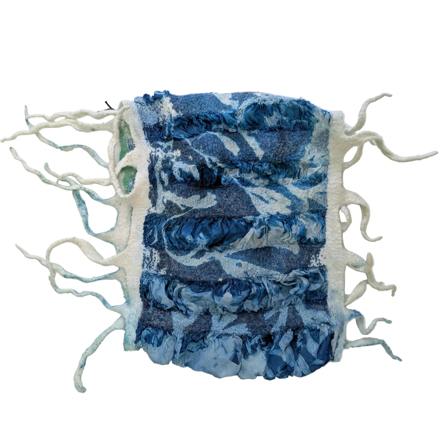 Cowl with long, wavy tassels - blue seaweed cyanotype print on white wool.