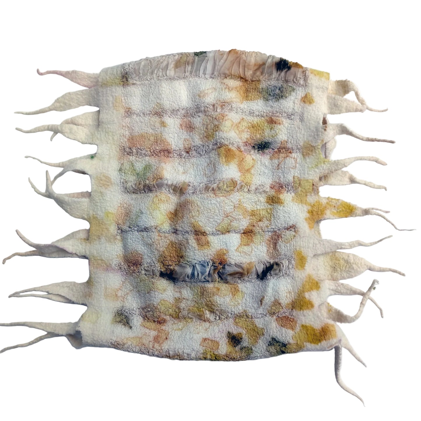 Felted wool cowl with tassels that has been naturally coloured with orange and brown onion skins to create a dappled pattern.
