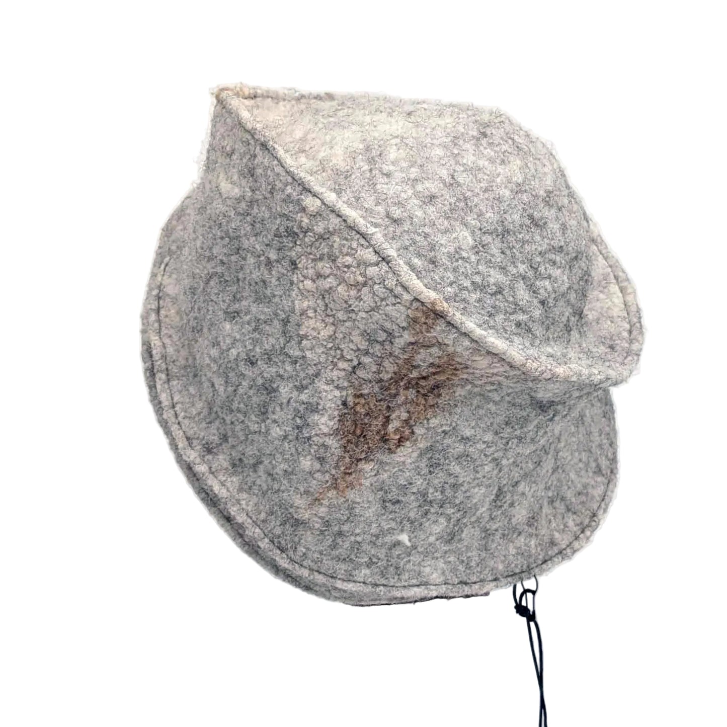 Grey cloche hat on a mannequin head against a white background - back view.