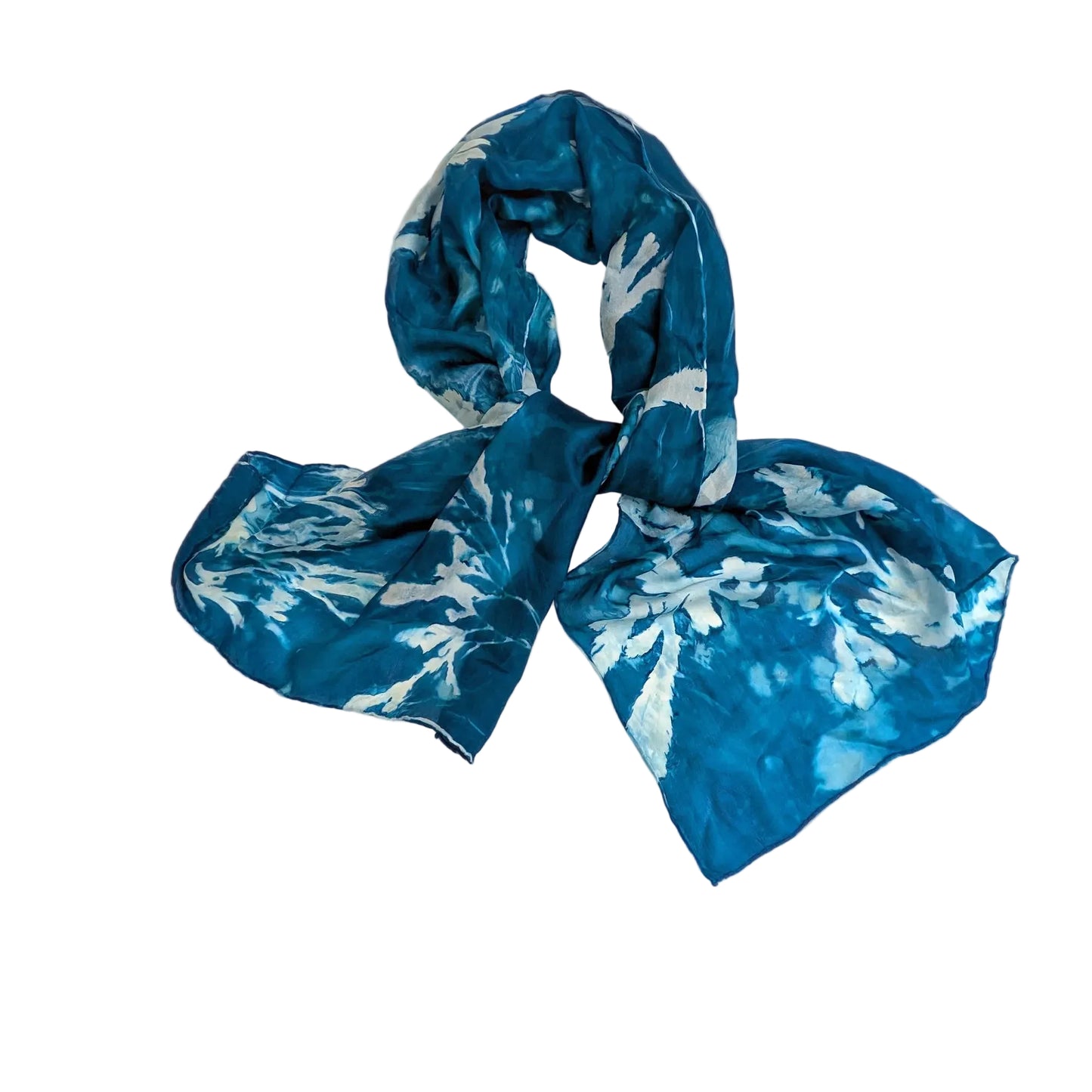 Cyanotype Printed Silk Scarf with Seaweed Imagery Pointing to Centre
