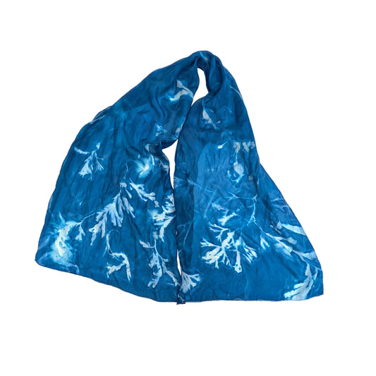 Cyanotype Printed Silk Scarf with Seaweed Imagery Pointing to Tips