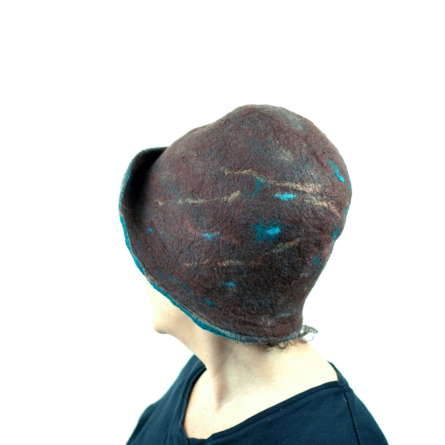 1920s Style Brown Felted Cloche with Emerald Green Brim - back view