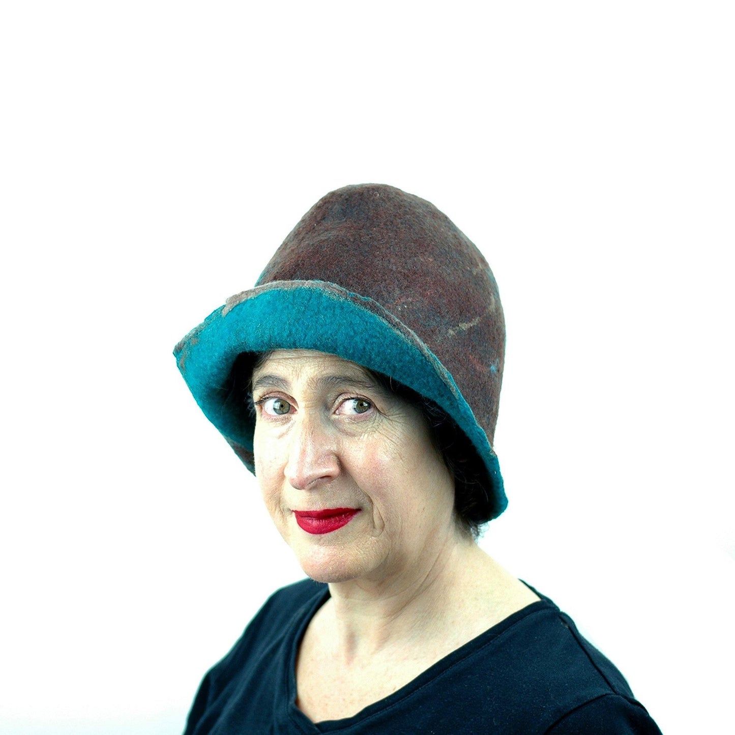 1920s Style Brown Felted Cloche with Emerald Green Brim - three quarters view