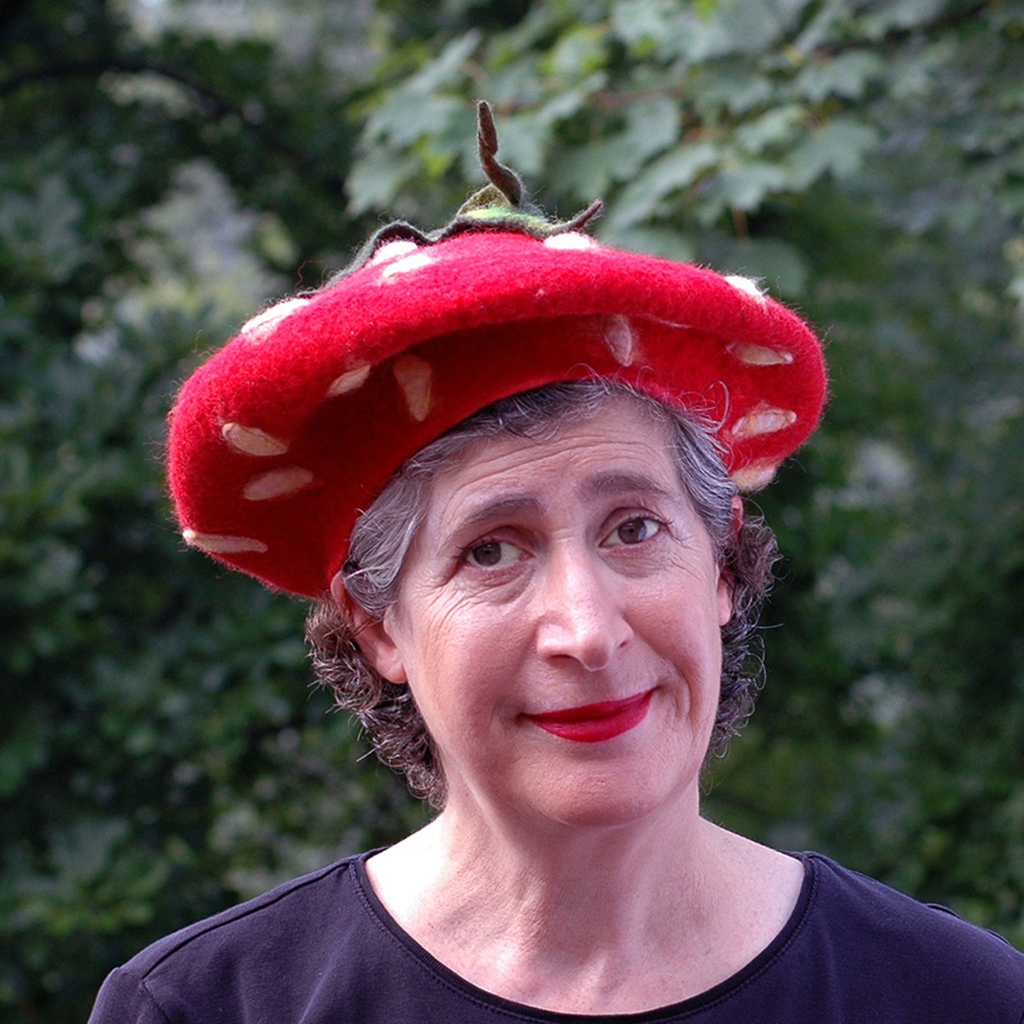 Charming Felted Strawberry Beret - front view