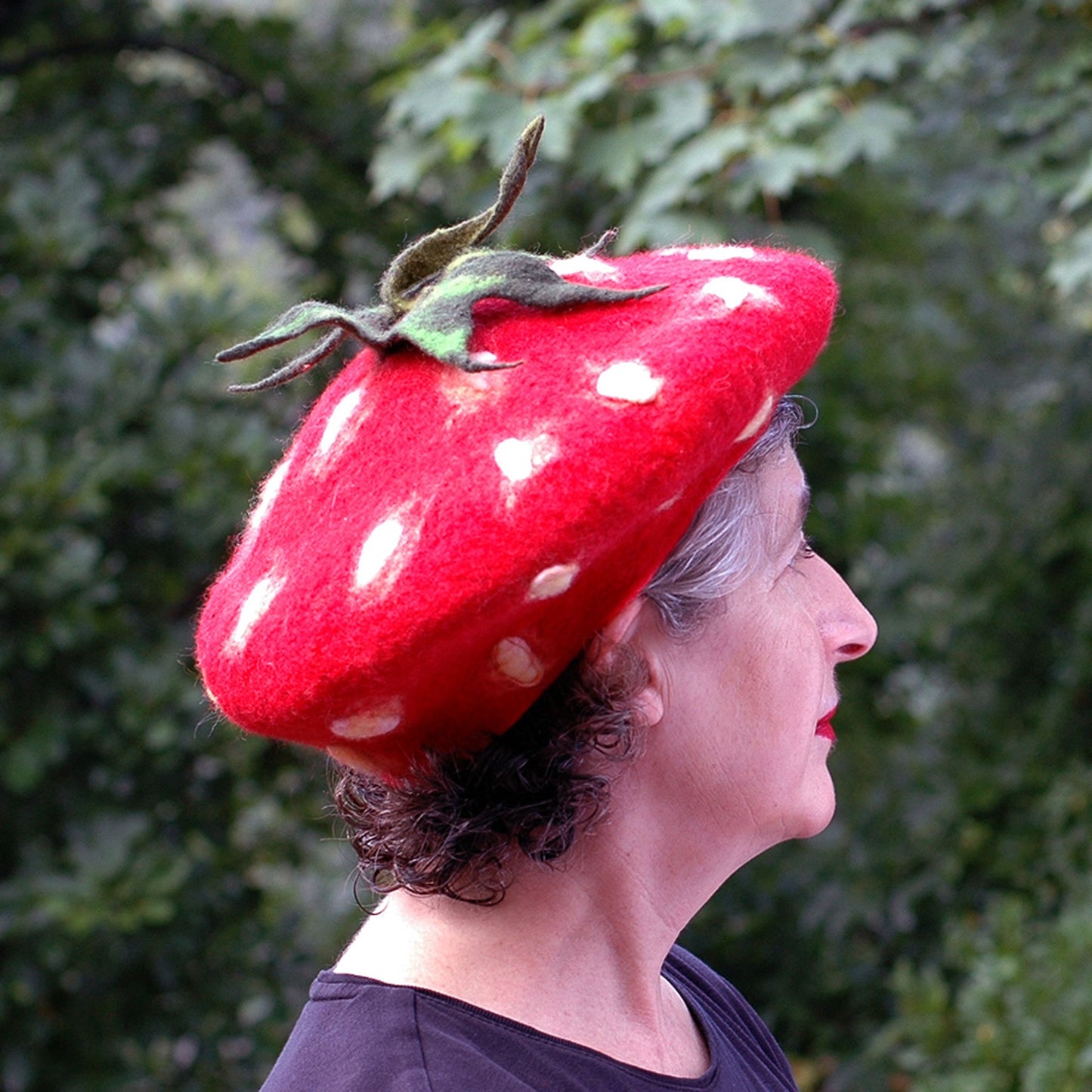 Charming Felted Strawberry Beret - side view