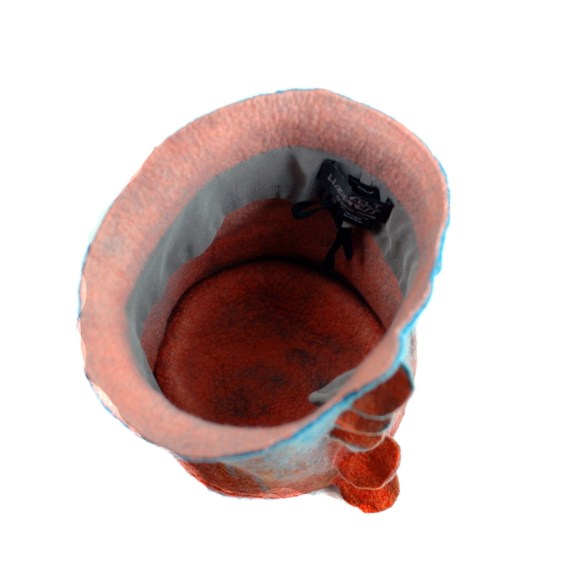 Orange and Turquoise Felted Top Hat - inside view