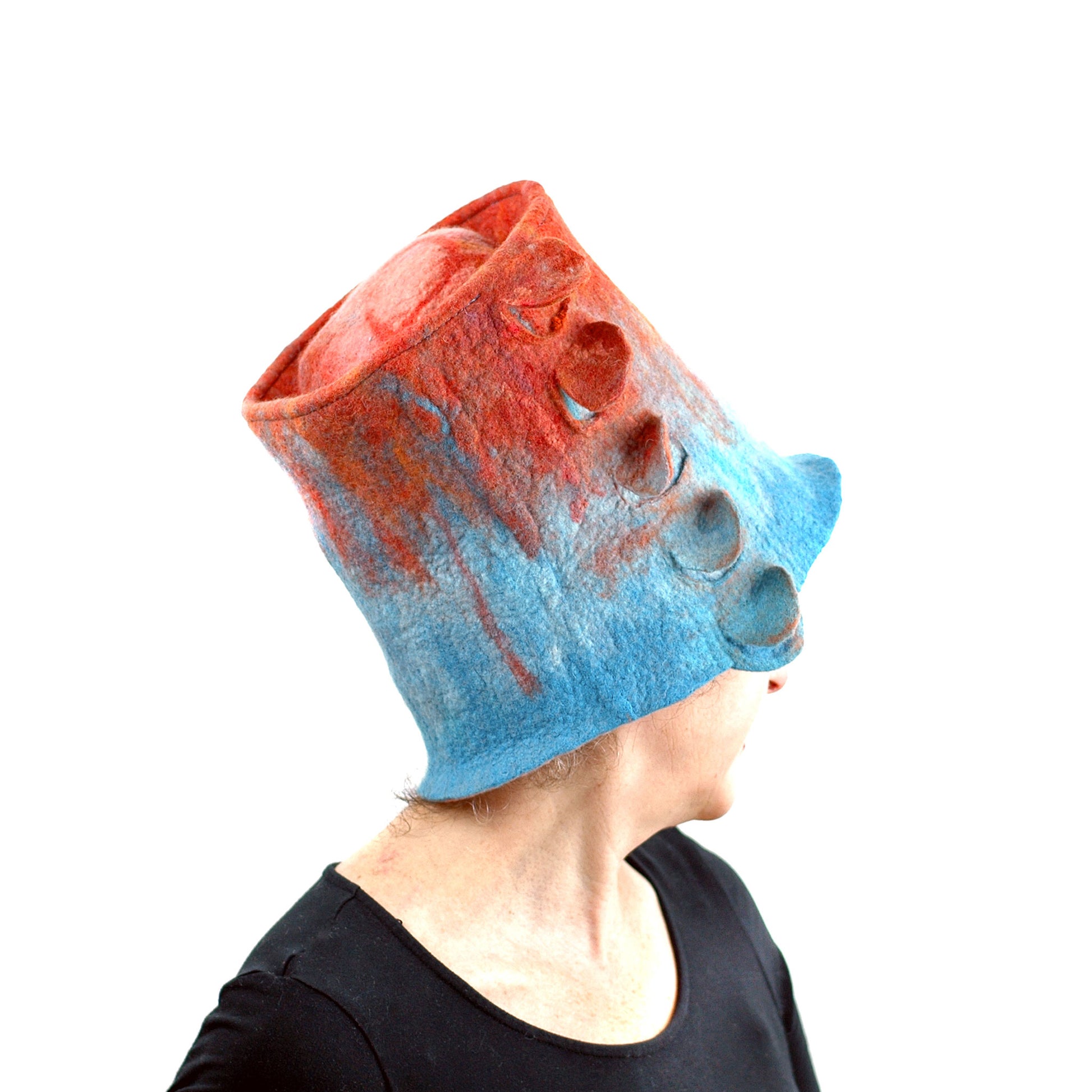 Orange and Turquoise Felted Top Hat - right side