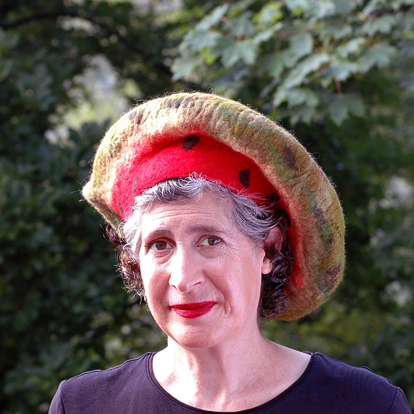 Whimsical Felted Watermelon Beret in Red and Green - frontview