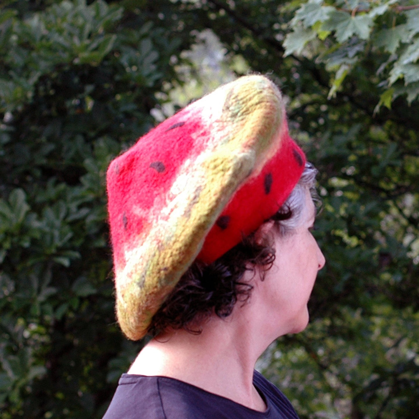 Whimsical Felted Watermelon Beret in Red and Green - side view
