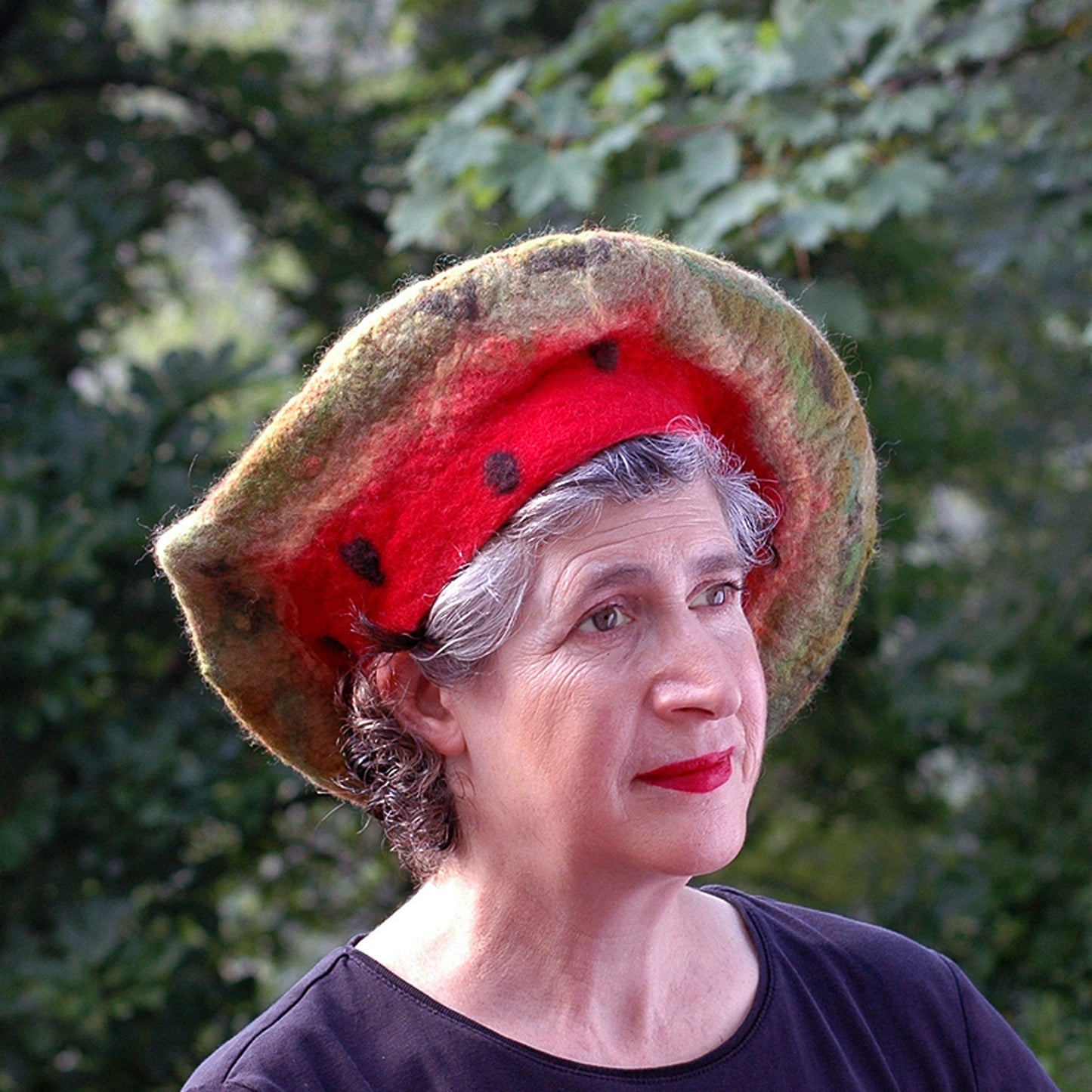 Whimsical Felted Watermelon Beret in Red and Green - three quarters view