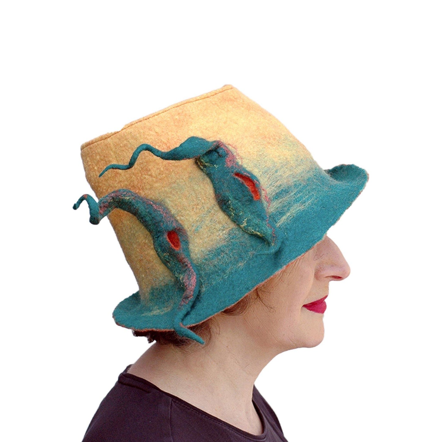 Almost Classic Yellow Fedora with Organic Shaped Pods - side view