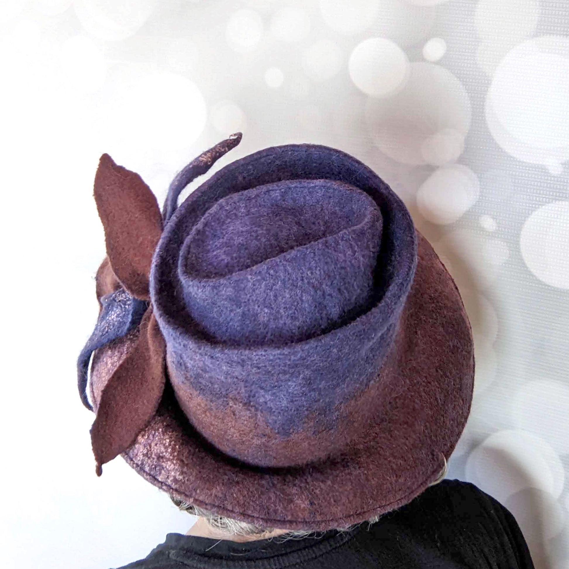 Asymmetrical Brimmed Felt Hat in an Ombre of Navy Brown - backview