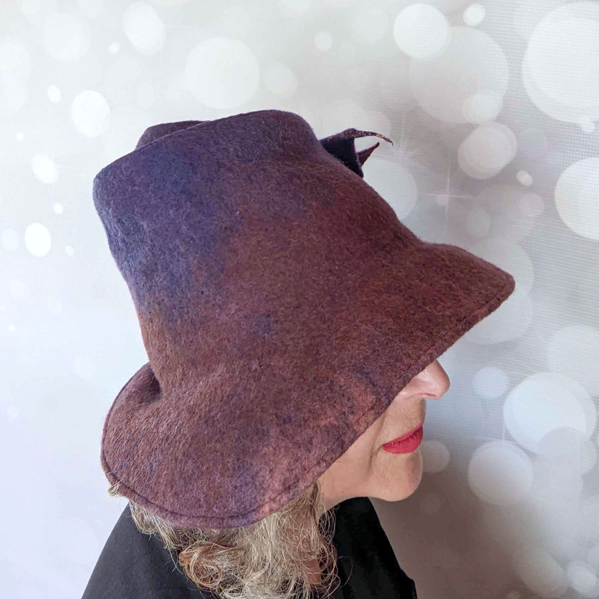 Asymmetrical Brimmed Felt Hat in an Ombre of Navy Brown - sideview