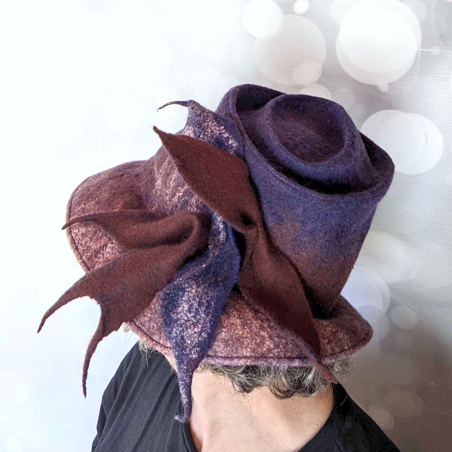 Asymmetrical Brimmed Felt Hat in an Ombre of Navy Brown - sideview