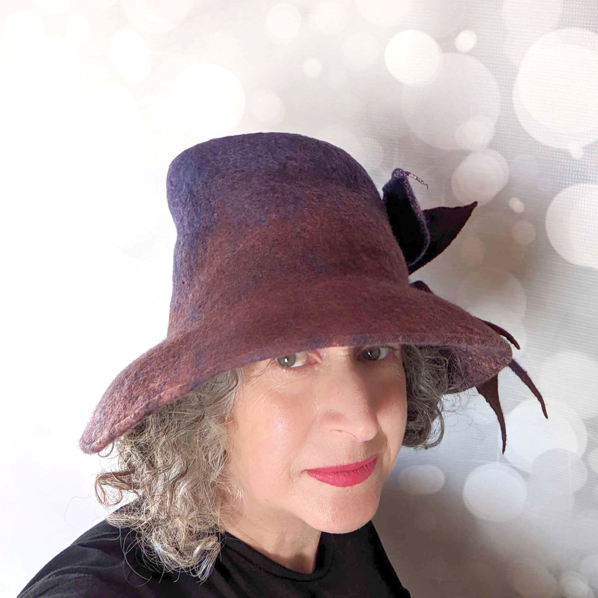 Asymmetrical Brimmed Felt Hat in an Ombre of Navy Brown -threequartersview