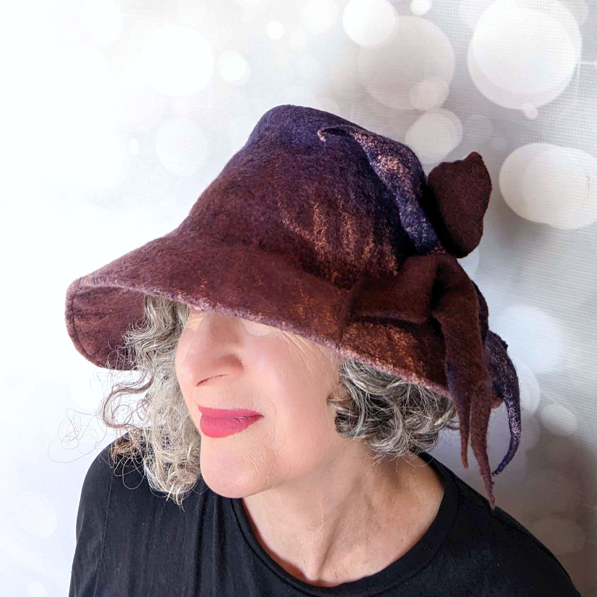 Asymmetrical Brimmed Felt Hat in an Ombre of Navy Brown - threequartersview