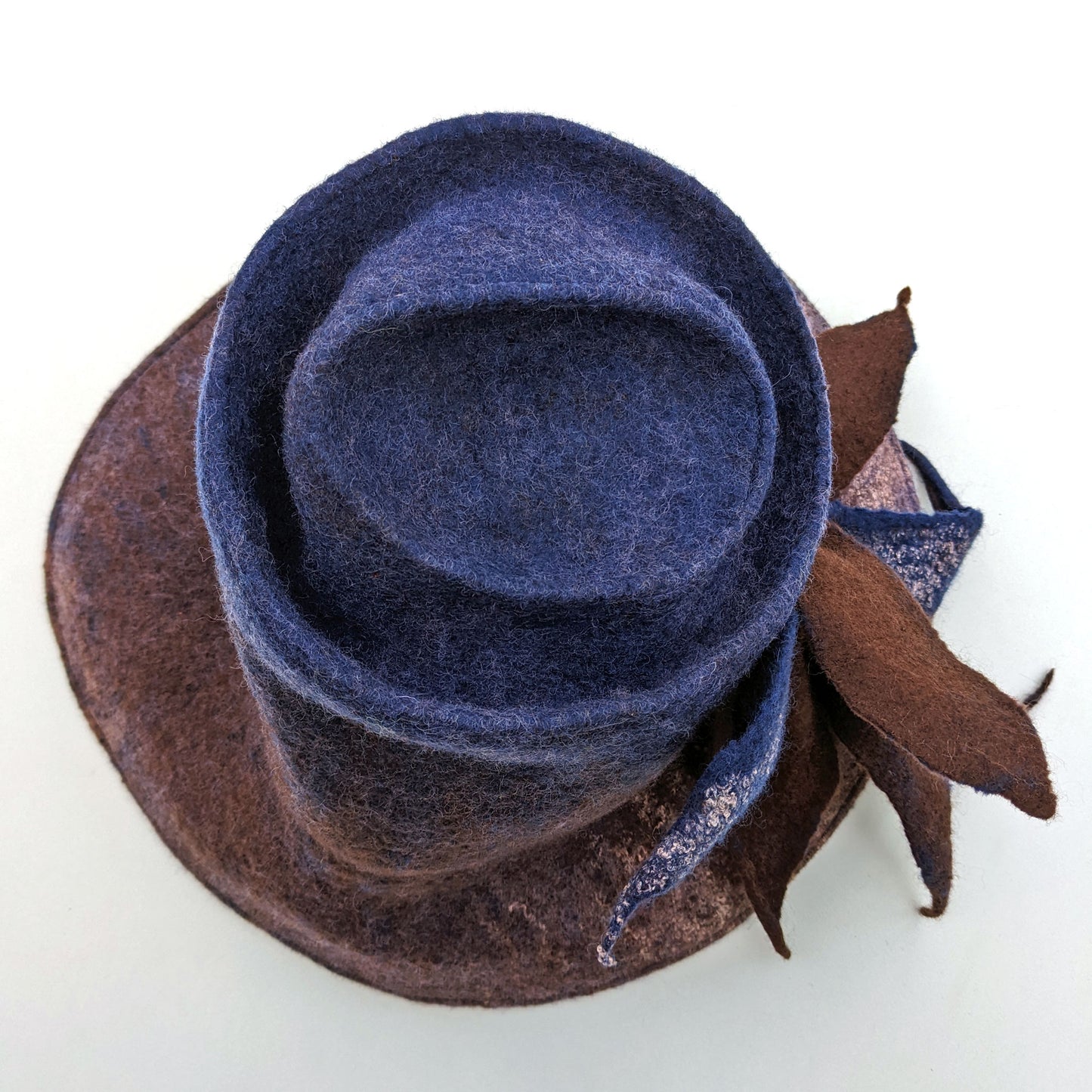 Asymmetrical Brimmed Felt Hat in an Ombre of Navy Brown - topview