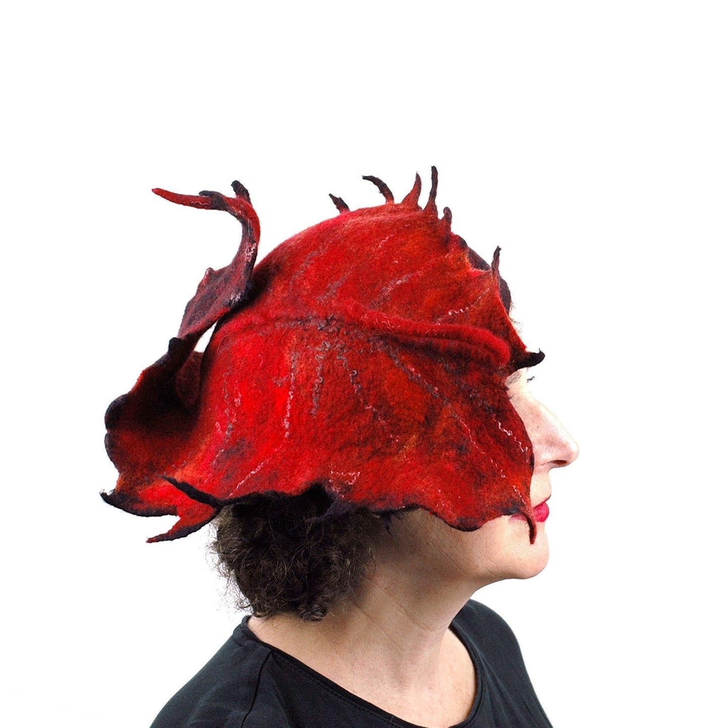 Autumn Inspired Leaf Hat in Red and Black - side view