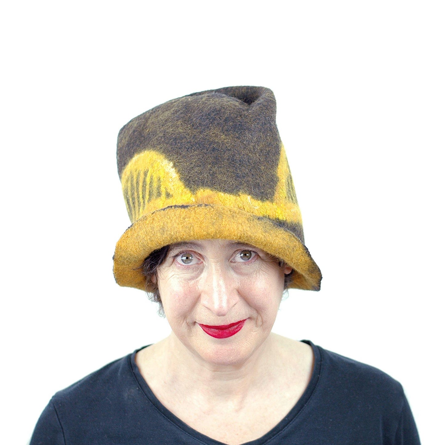 Black and Gold Felted Fedora with Tied-arch Bridge -front view