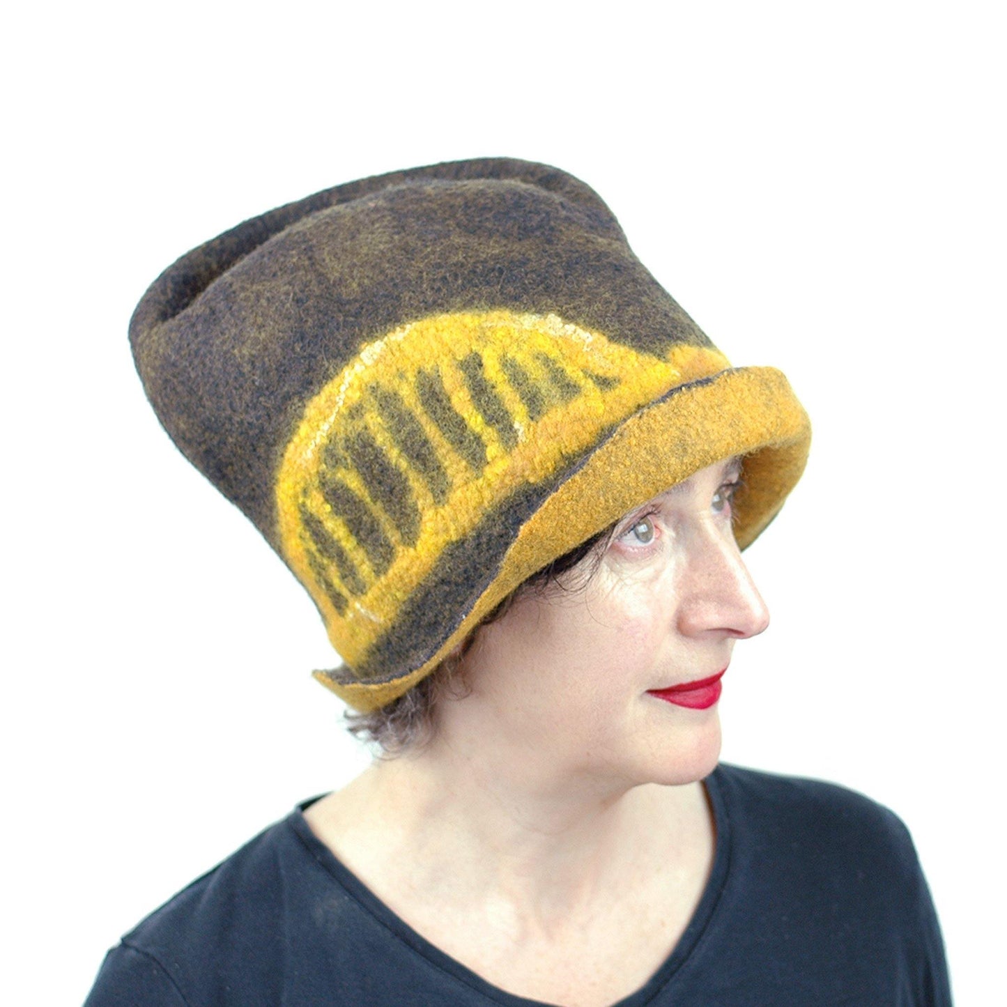 Black and Gold Felted Fedora with Tied-arch Bridge - side view