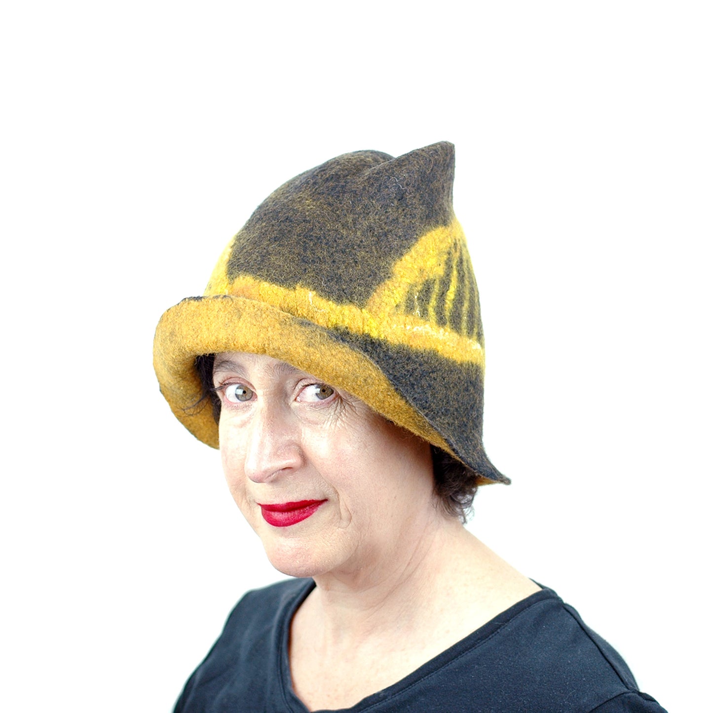Black and Gold Felted Fedora with Tied-arch Bridge - threequarters view