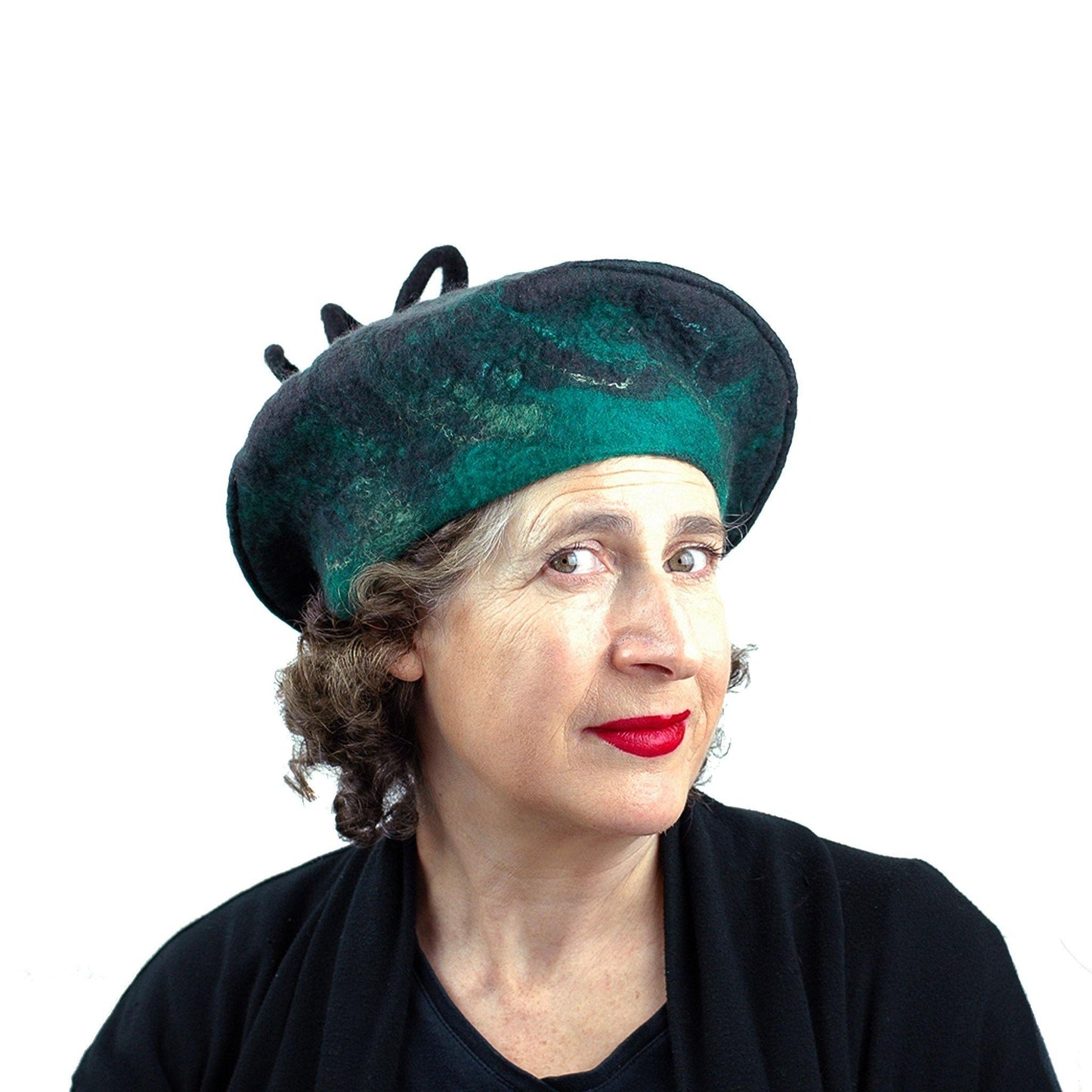 Black and Green Felted Beret with Curlicue on Top - threequarters view