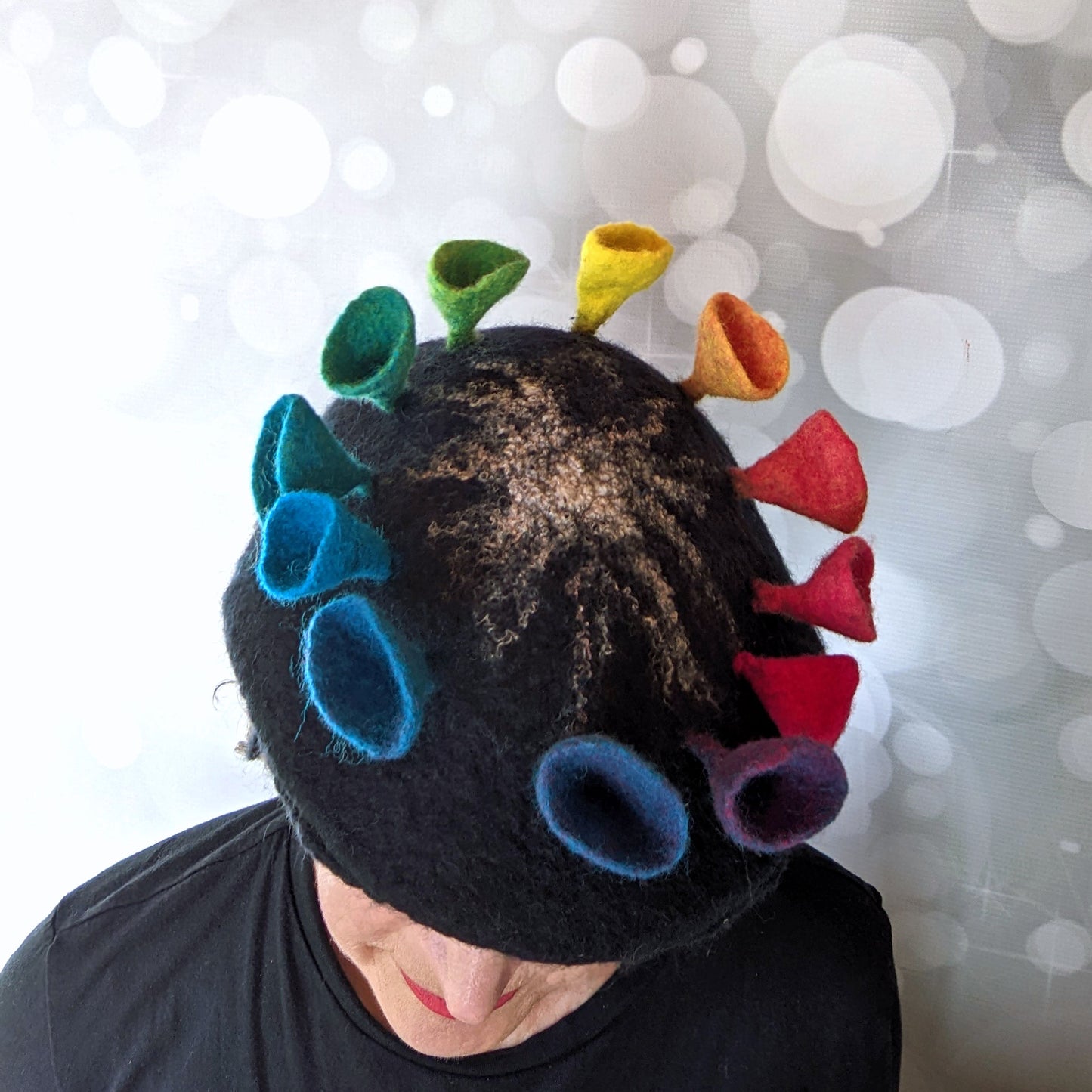 Black Felted Newsboy Cap with Rainbow Fungi - topview