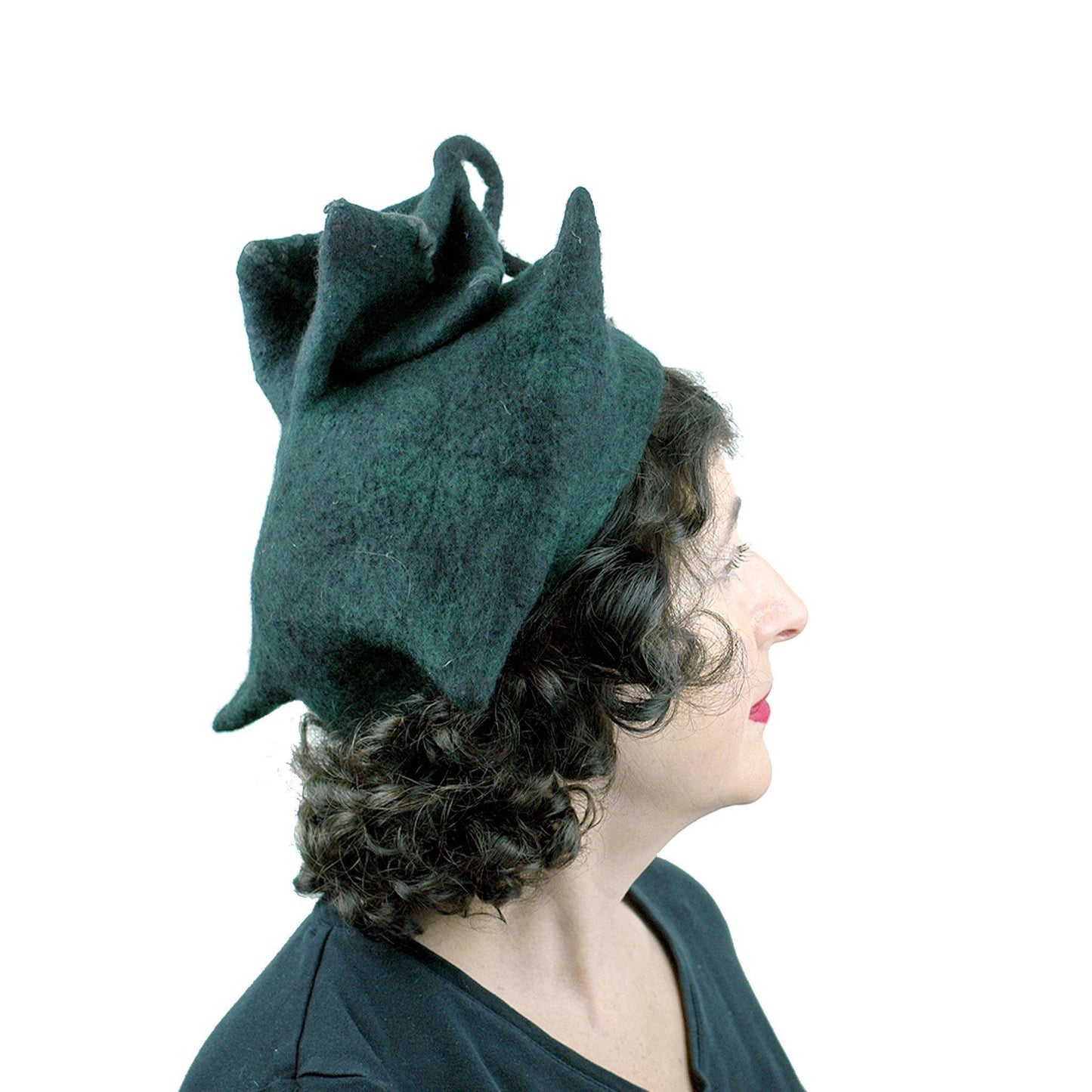 Black Felted Pagoda Hat with Curlicue on Top - side view