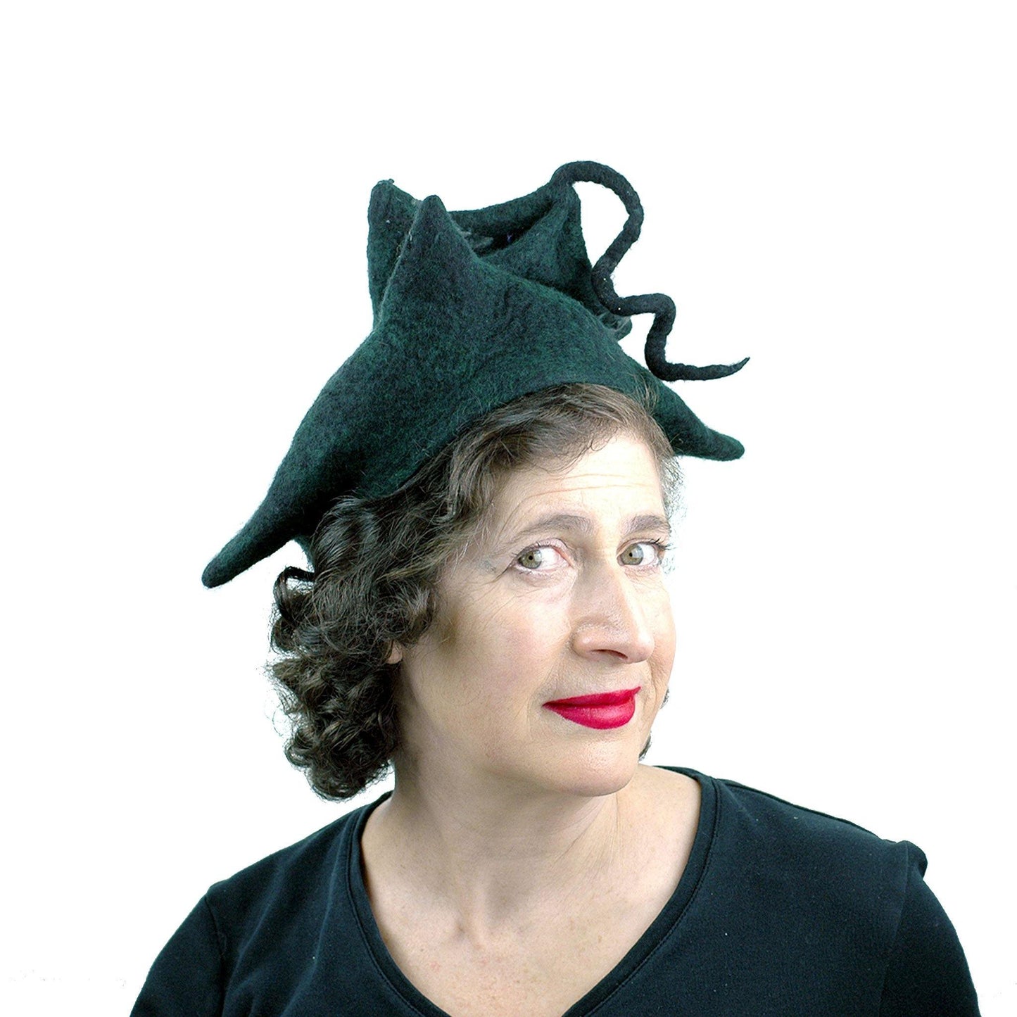 Black Felted Pagoda Hat with Curlicue on Top - threequarters view