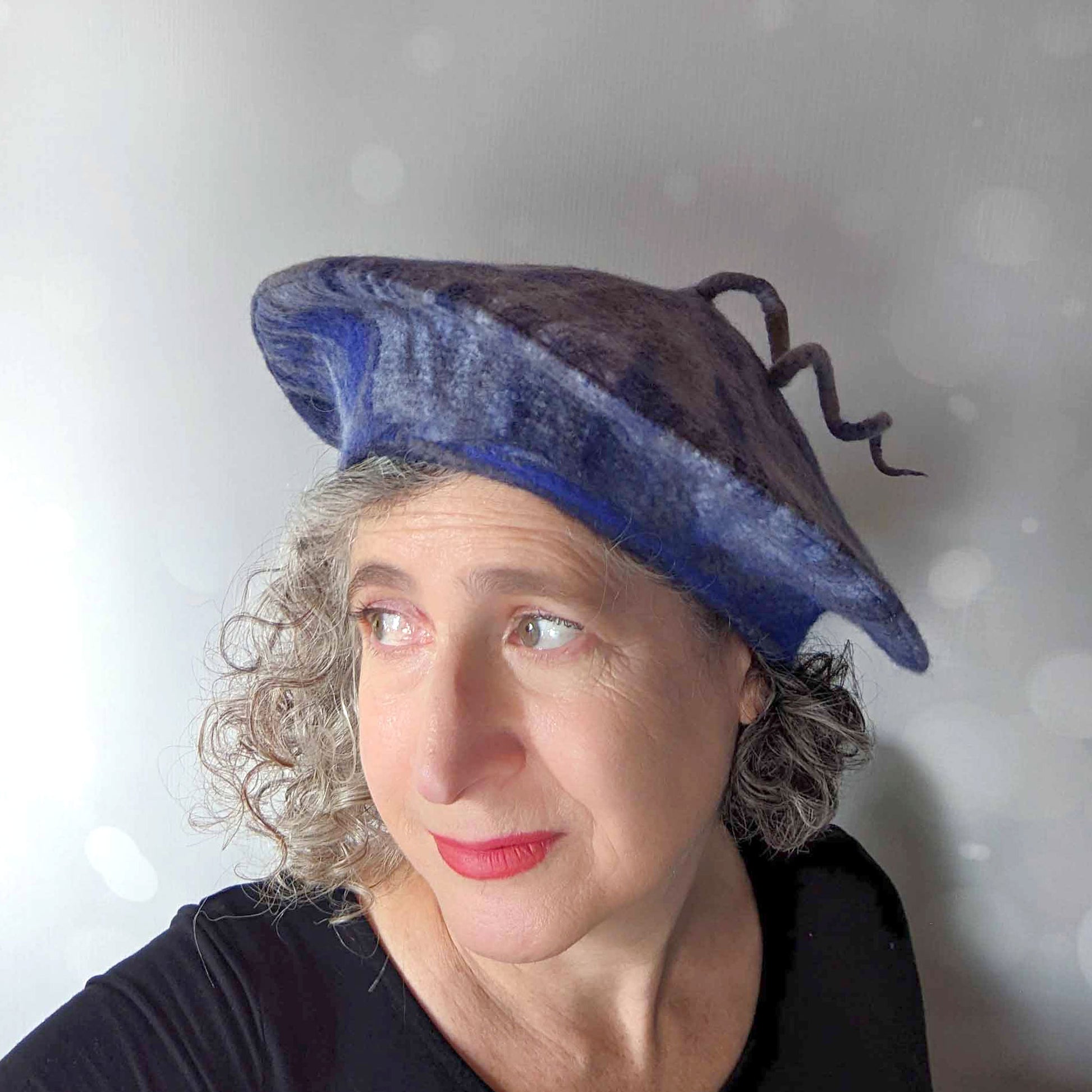 Blue and Gray Curlicue Beret - threequartersview