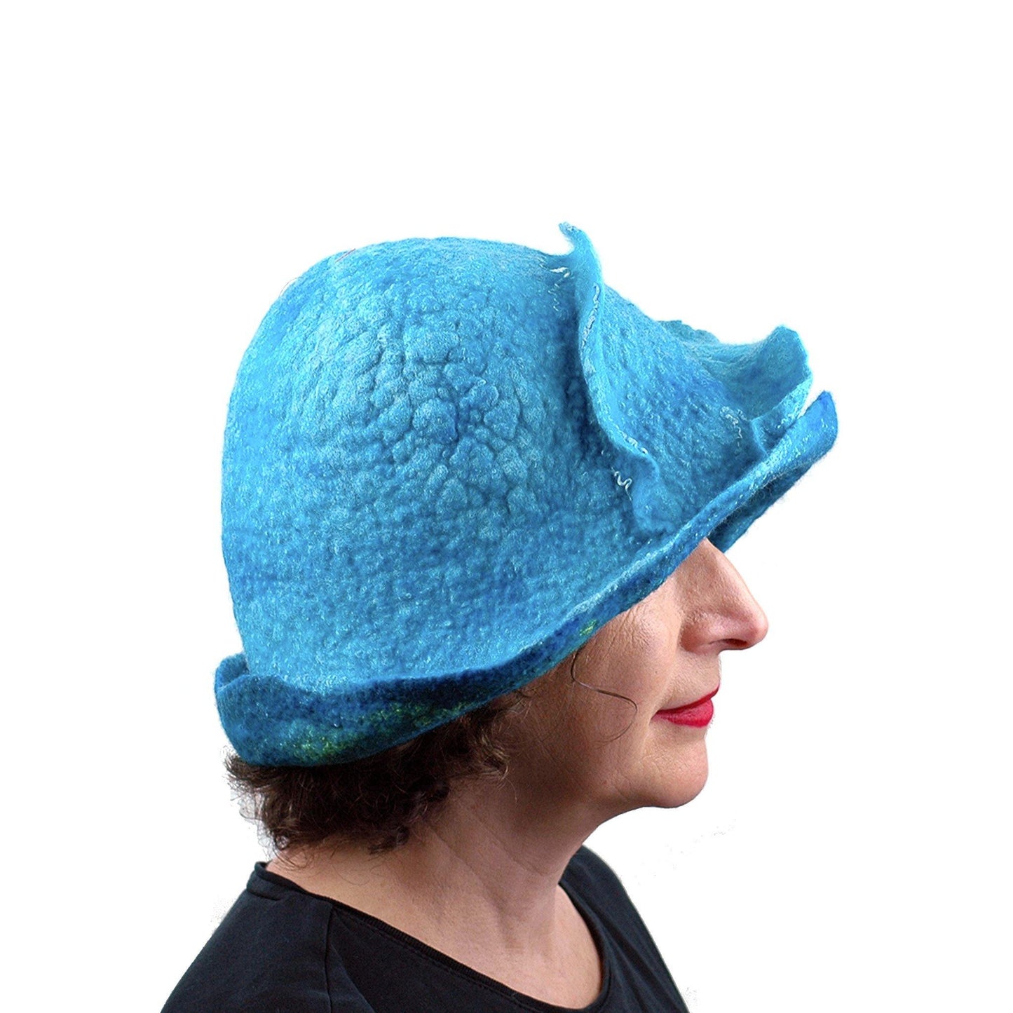 Blue Wave Felted Cloche - side view