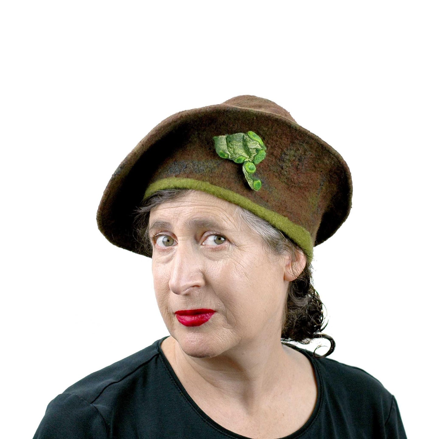 Brown and Green Forest Conical Beret -three quarters view