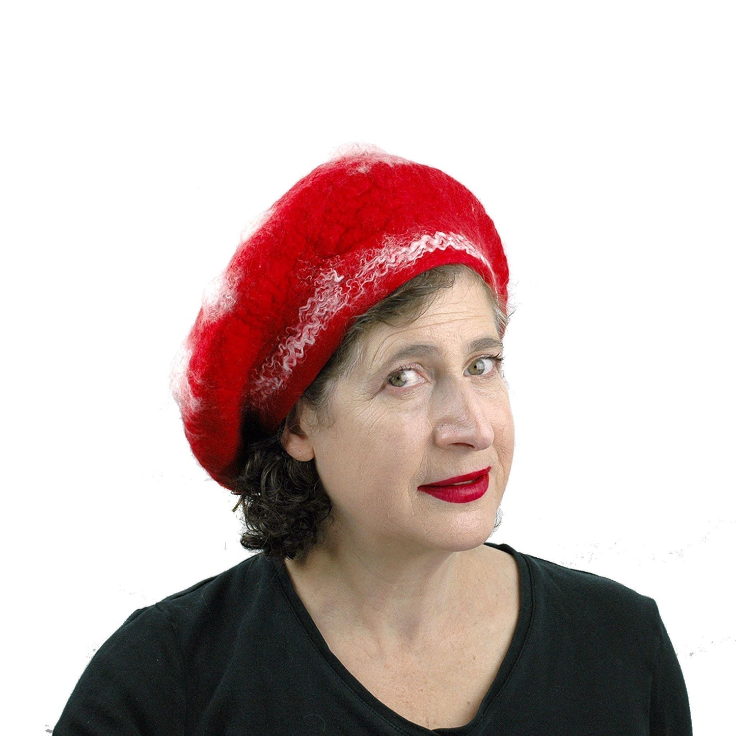 Bumpy Red and White Amanita Mushroom Beret - threequarters view