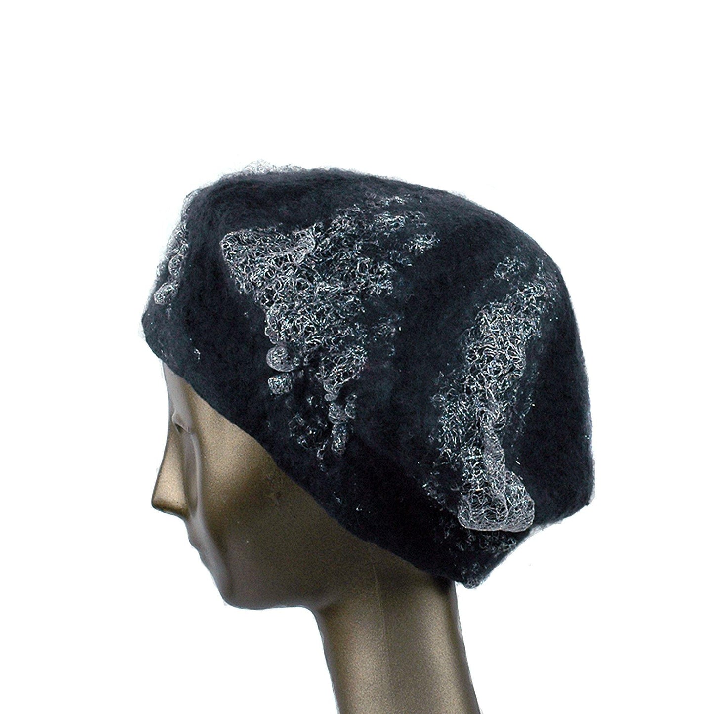 Charcoal Black Beret with Silver Nunofelt - side view