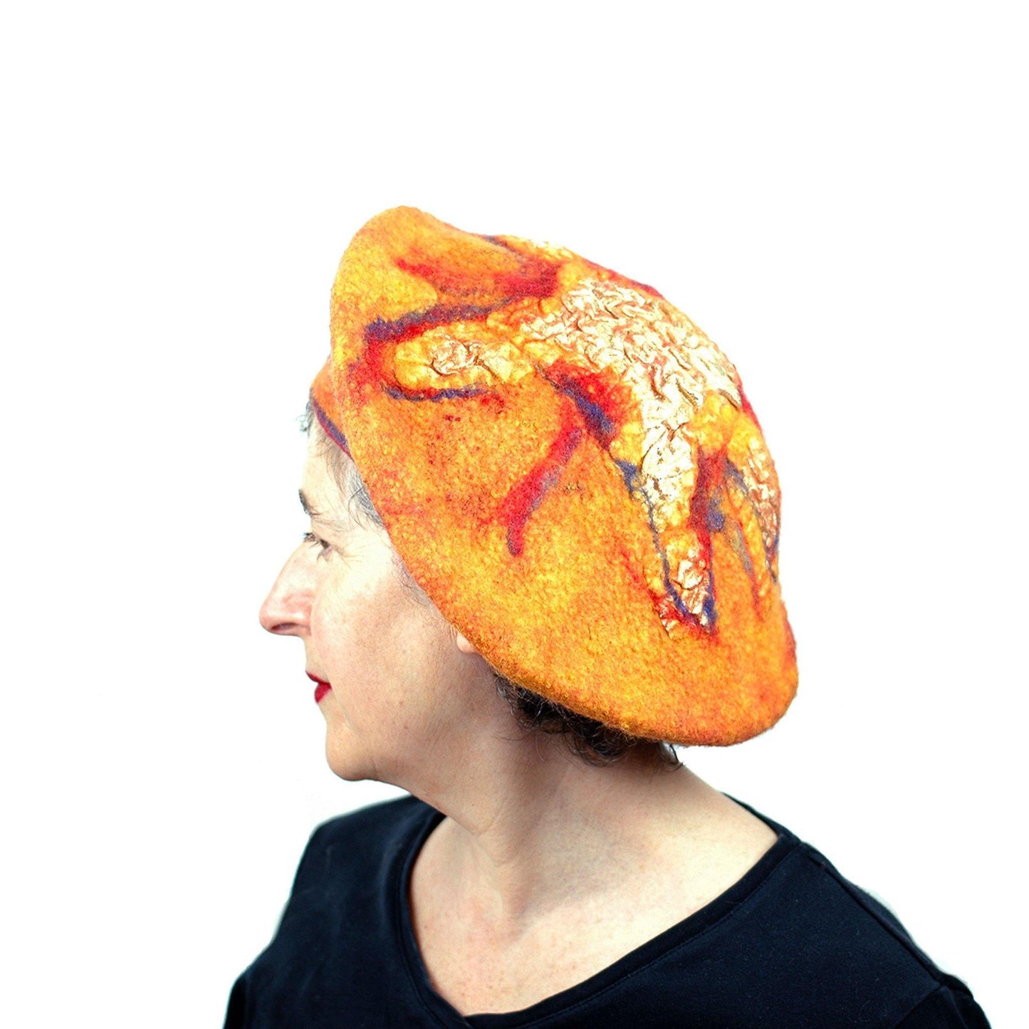Circus-Style Yellow, Red and Blue Striped Beret - side view where you can see the gold star on top