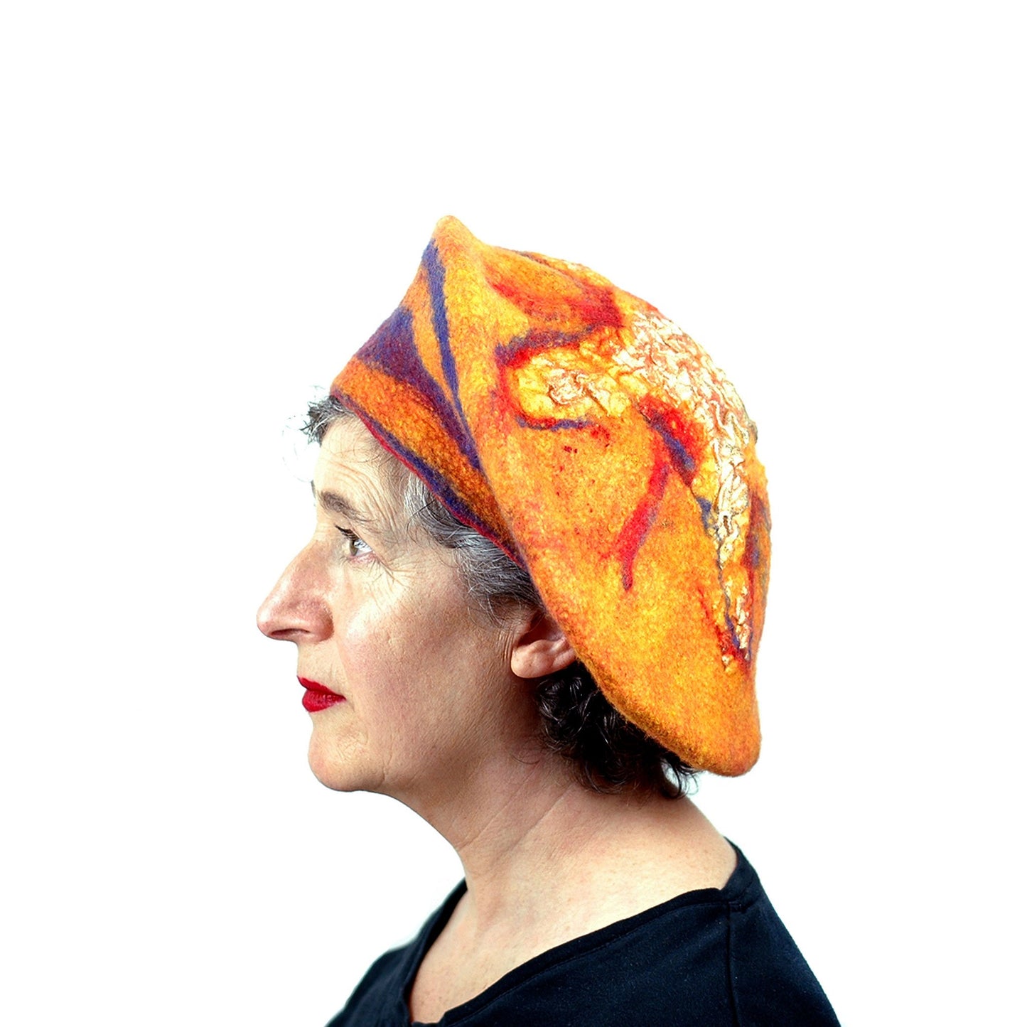 Circus-Style Yellow, Red and Blue Striped Beret - side view