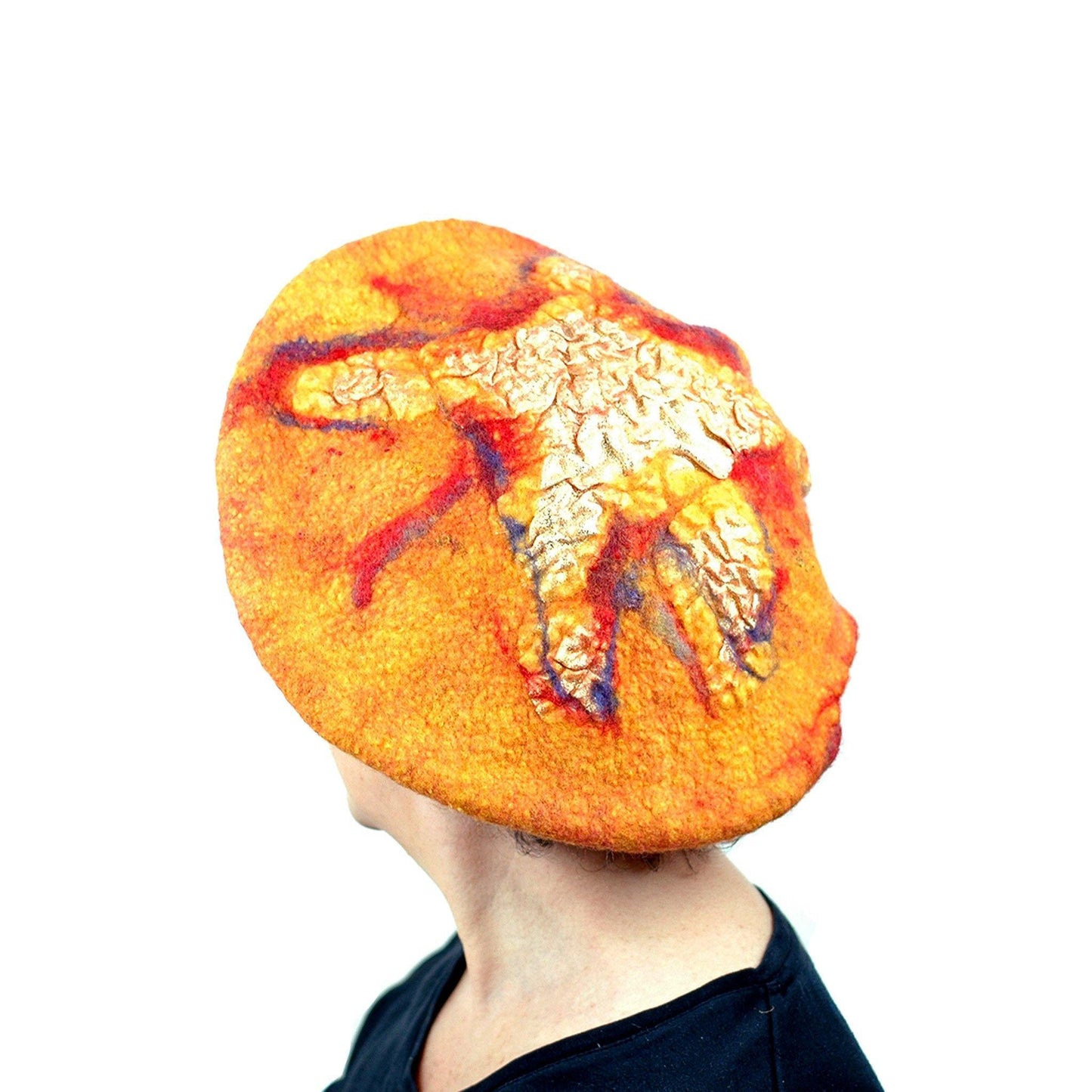 Circus-Style Yellow, Red and Blue Striped Beret - back view where you can see the gold fabric star