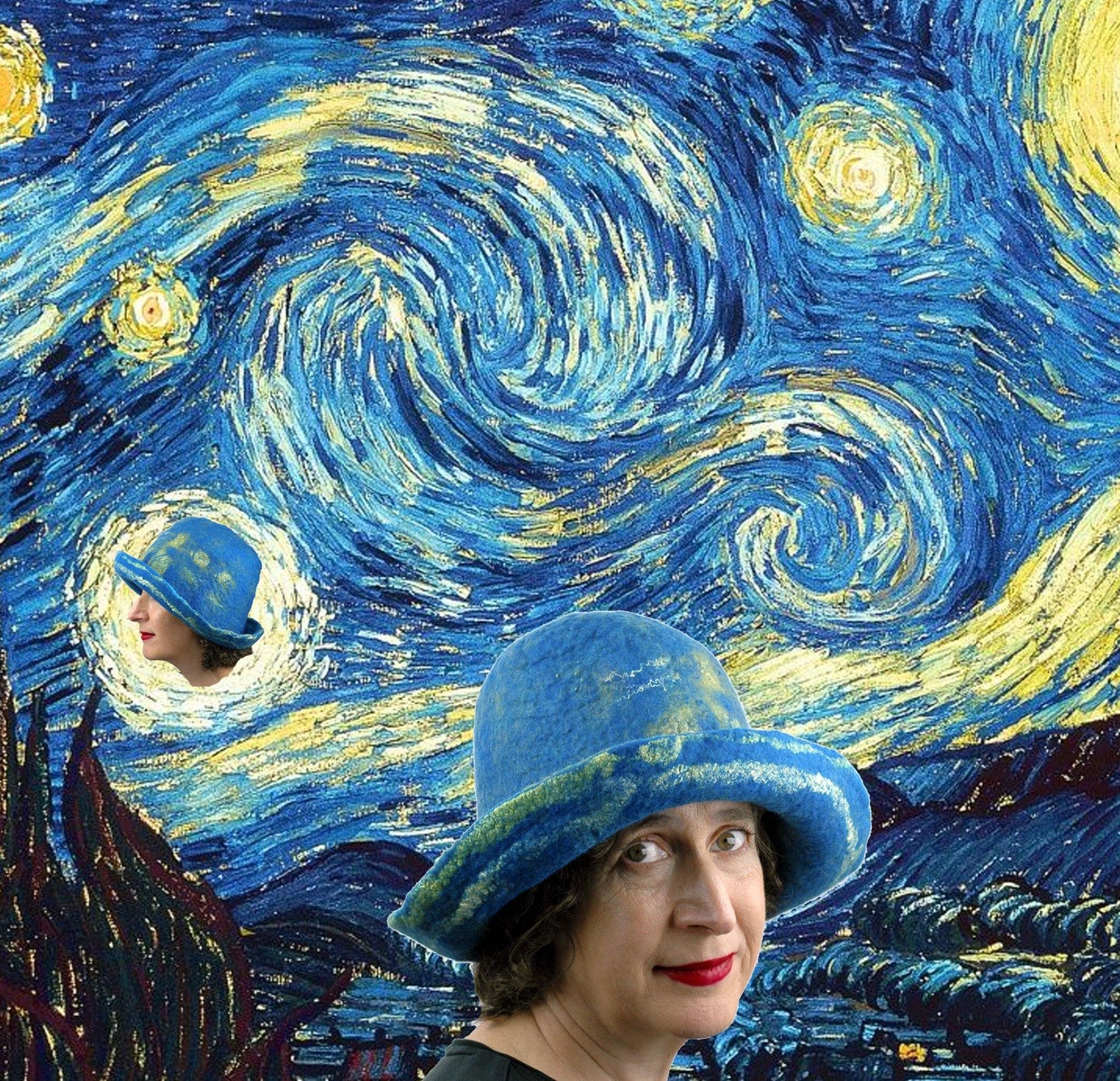 Starry Night by Vincent van Gogh and the Blue Felted Brimmed Hat in a digital collage.