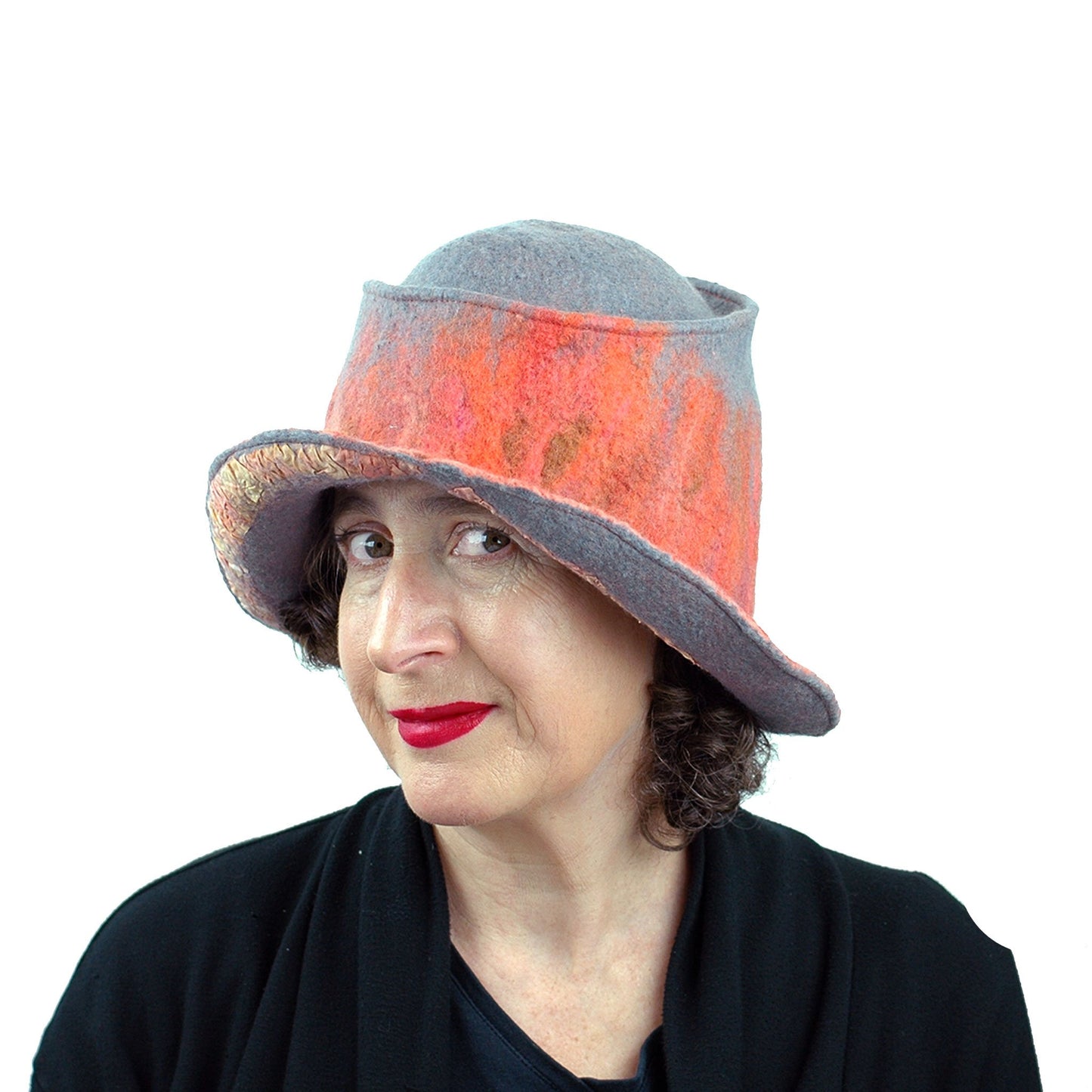 Coral and Gray Felted Hat with Nunofelt - threequarters view