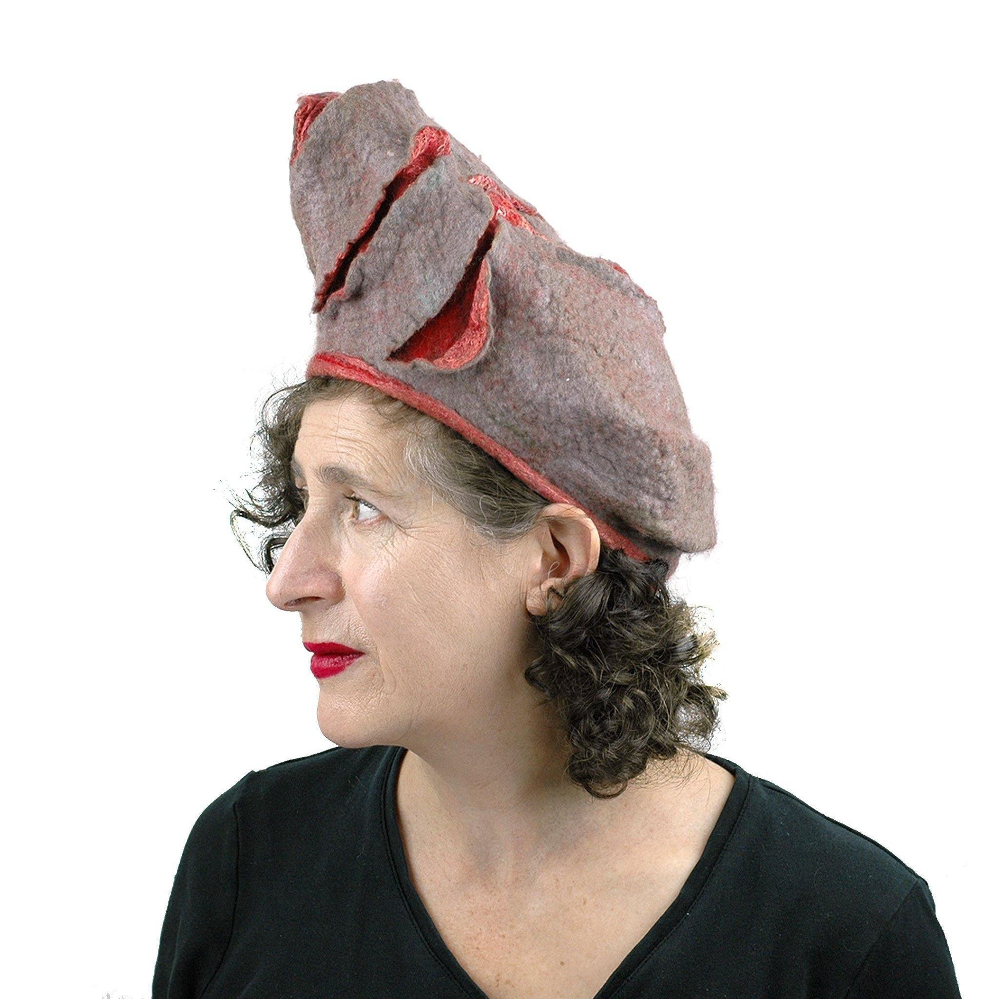 Coral and Gray Turban Style Hat - side view