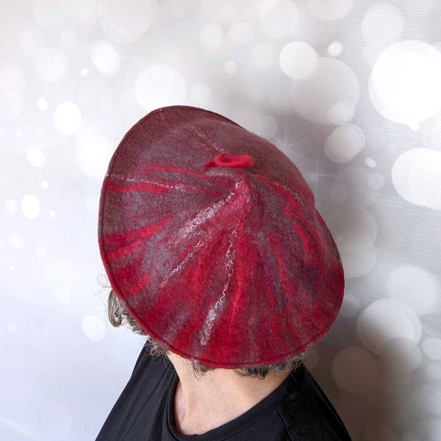 Curlicue Beret in Red and Gray Felted Wool - backview