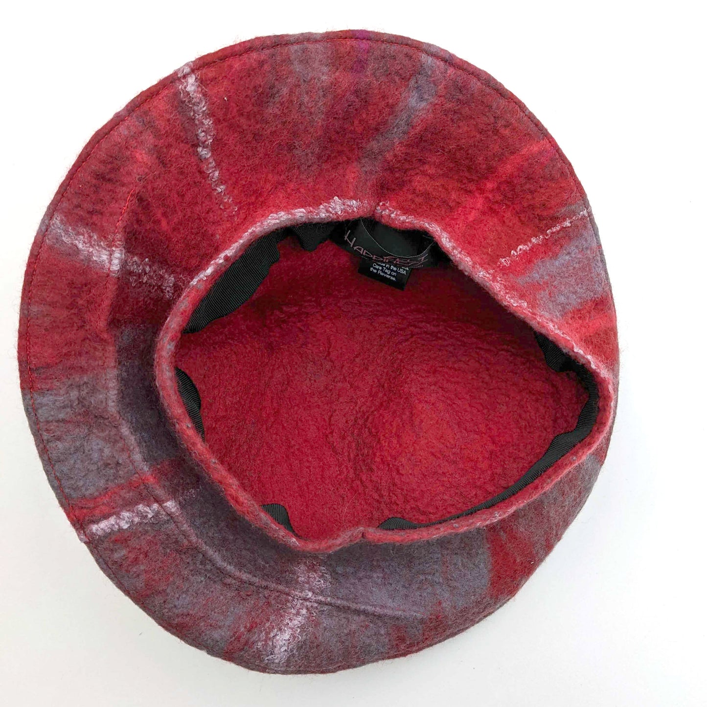 Curlicue Beret in Red and Gray Felted Wool - insideview