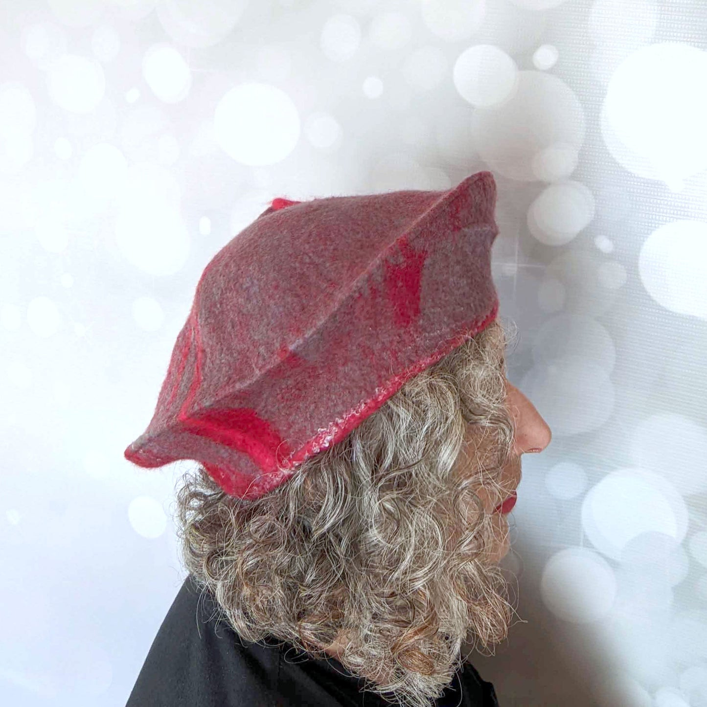 Curlicue Beret in Red and Gray Felted Wool - sideview