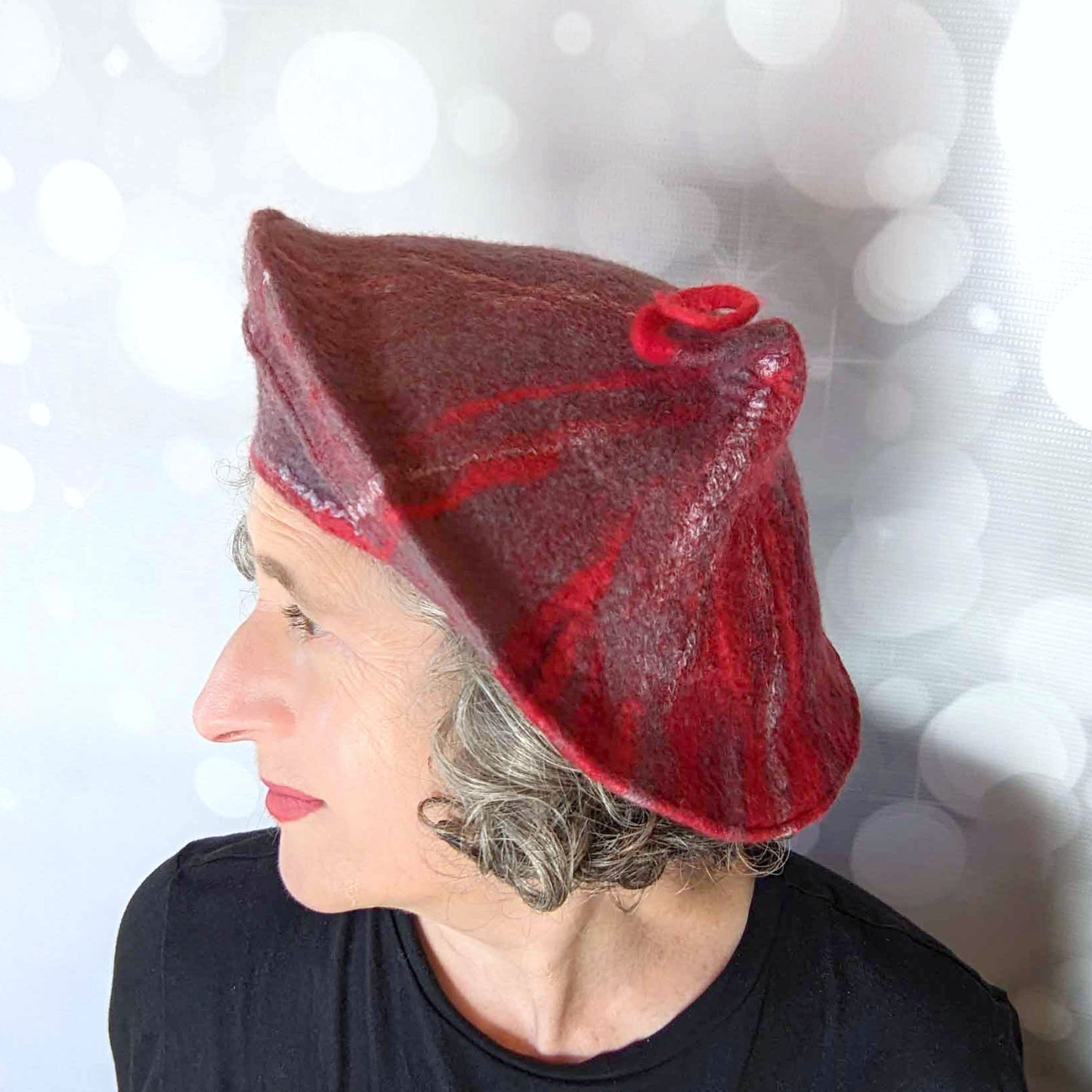 Curlicue Beret in Red and Gray Felted Wool - sideview