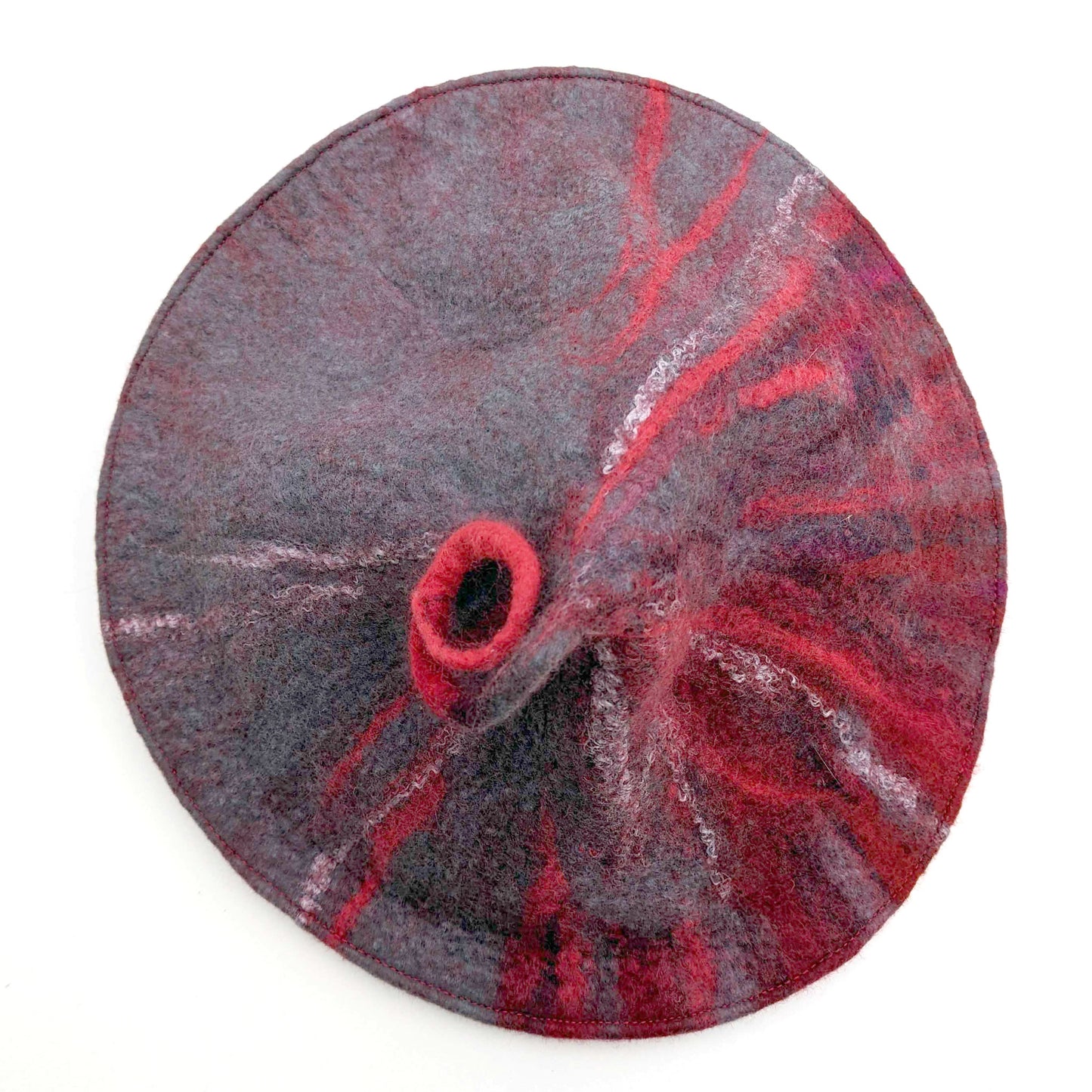 Curlicue Beret in Red and Gray Felted Wool - topview