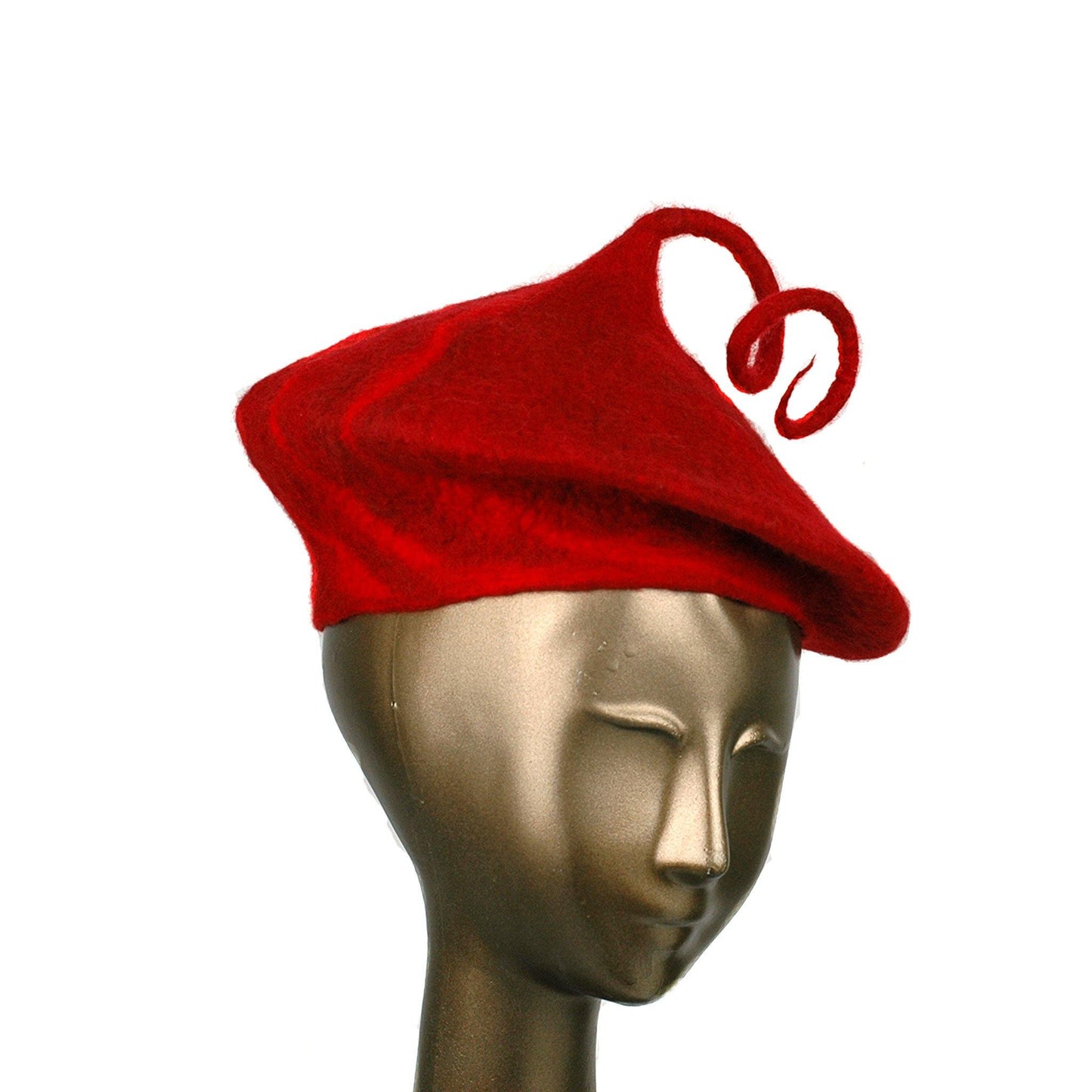 Felted Red Beret with Curlicue - three quarters view