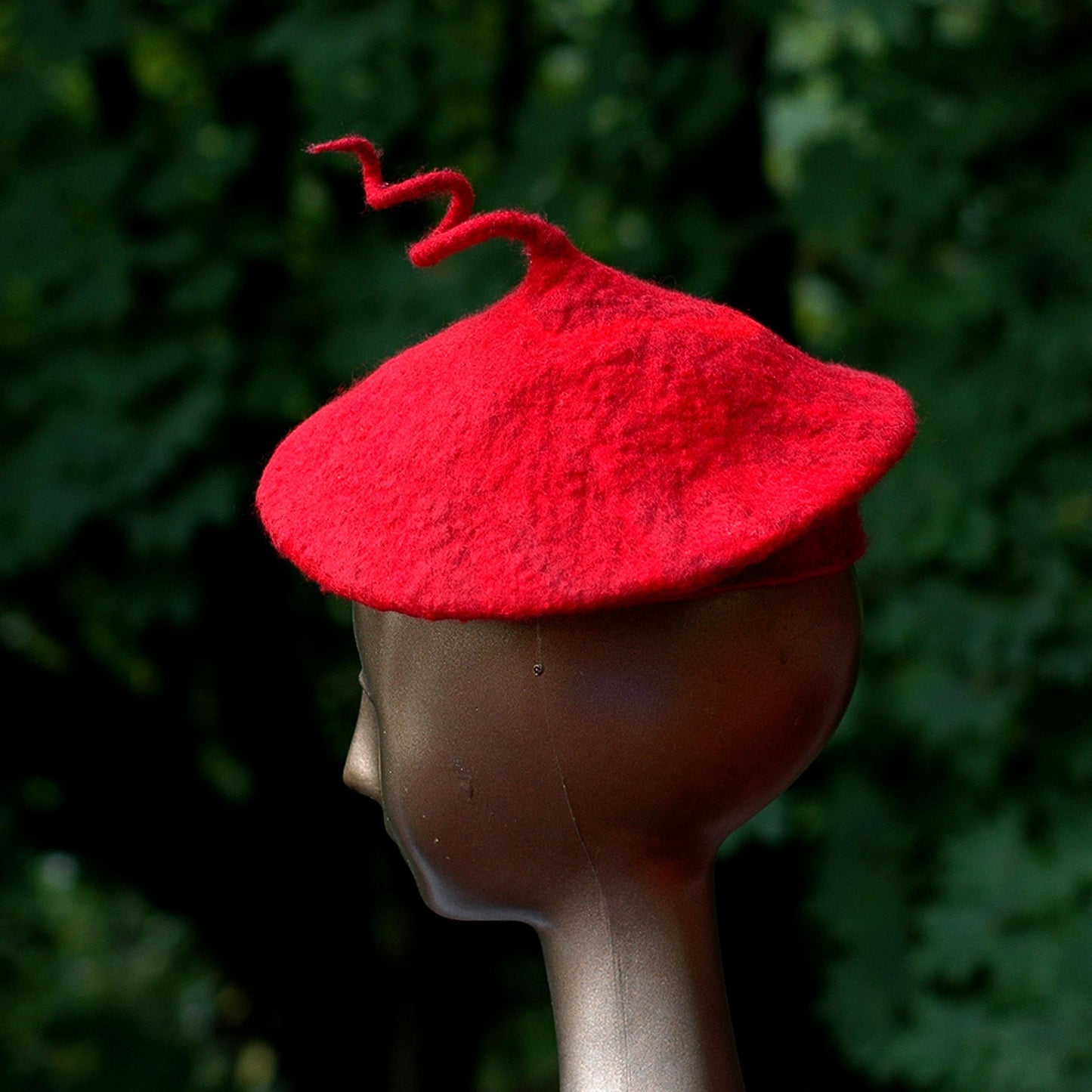 Custom Red Beret with Curlicue -side view